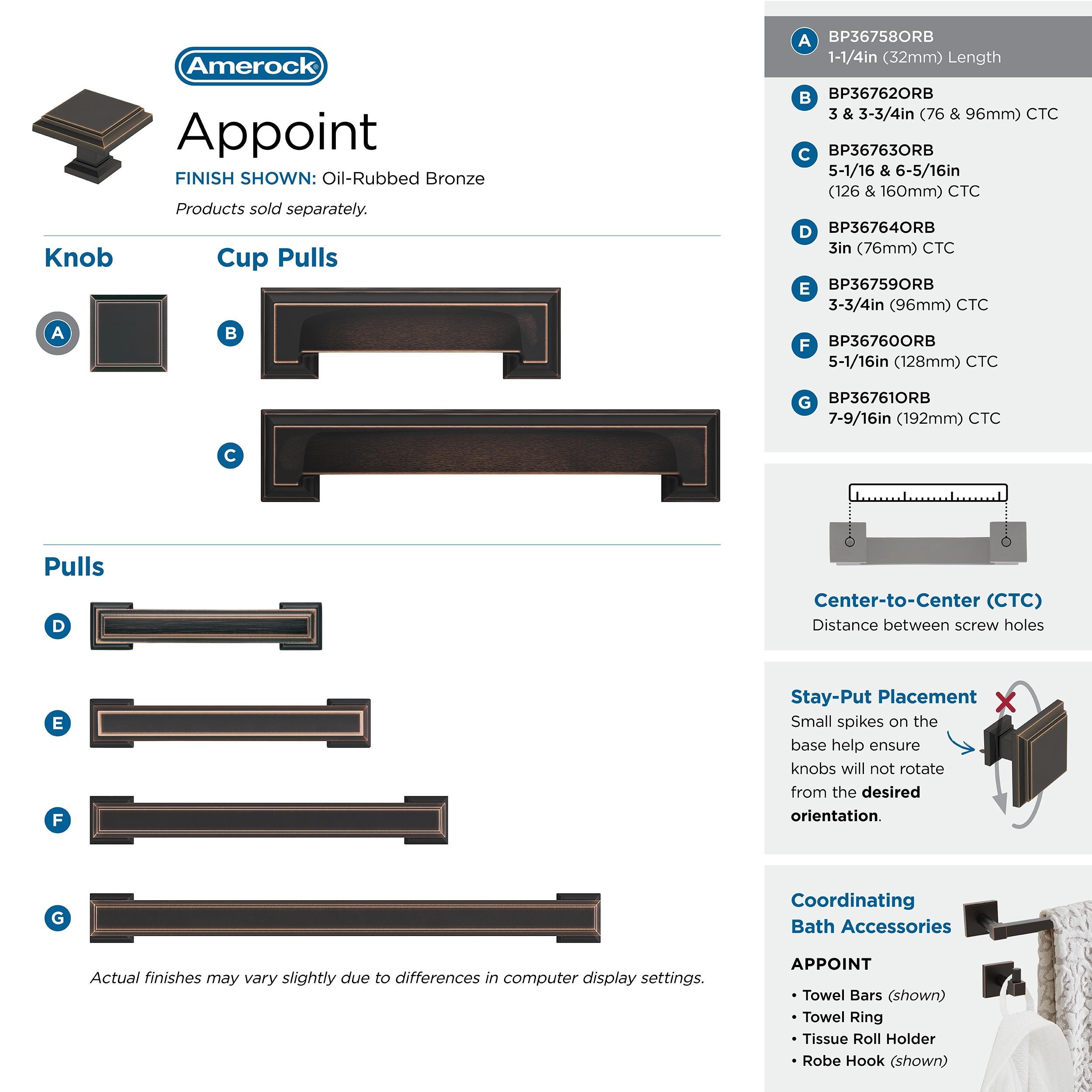 Amerock Appoint 1-1/4 inch (32mm) Length Oil-Rubbed Bronze Cabinet Knob