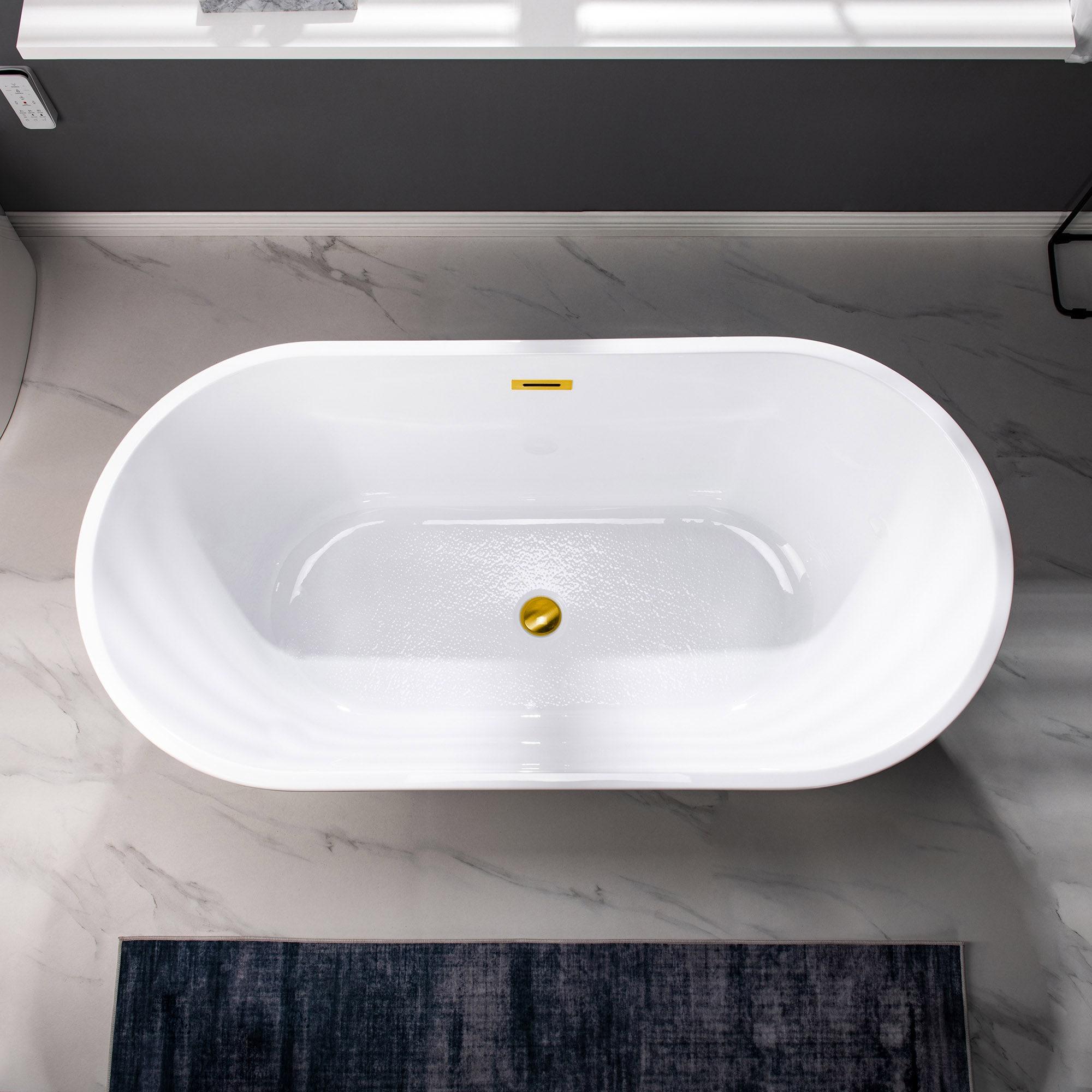 WOODBRIDGE 54" Acrylic Freestanding Bathtub Contemporary Soaking White Tub with Brushed Gold Overflow and Drain,B1702-BG
