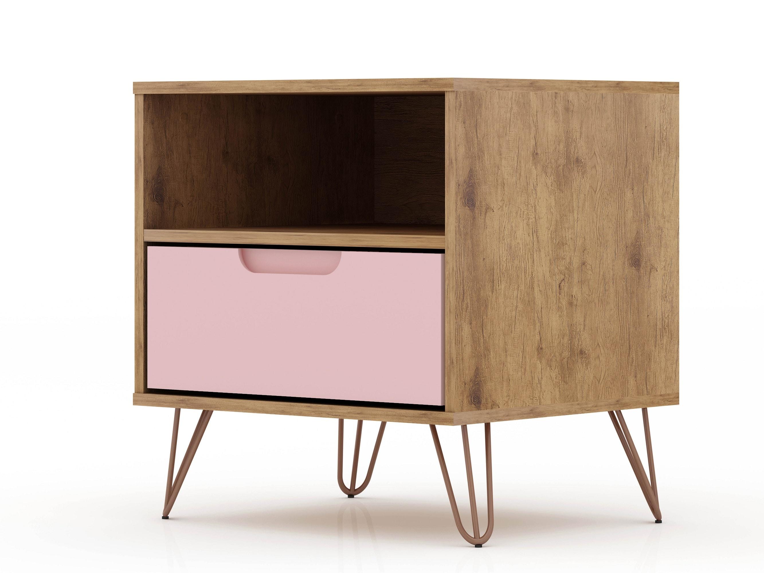 Set of 2 Rockefeller 1 Drawer Nightstands Nature/Rose Pink - Manhattan Comfort: Mid-century Design, Metal Legs, MDF