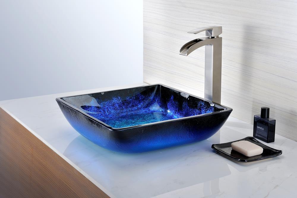 ANZZI Viace 15.13'' Blazing Blue Tempered Glass Square Bathroom Sink