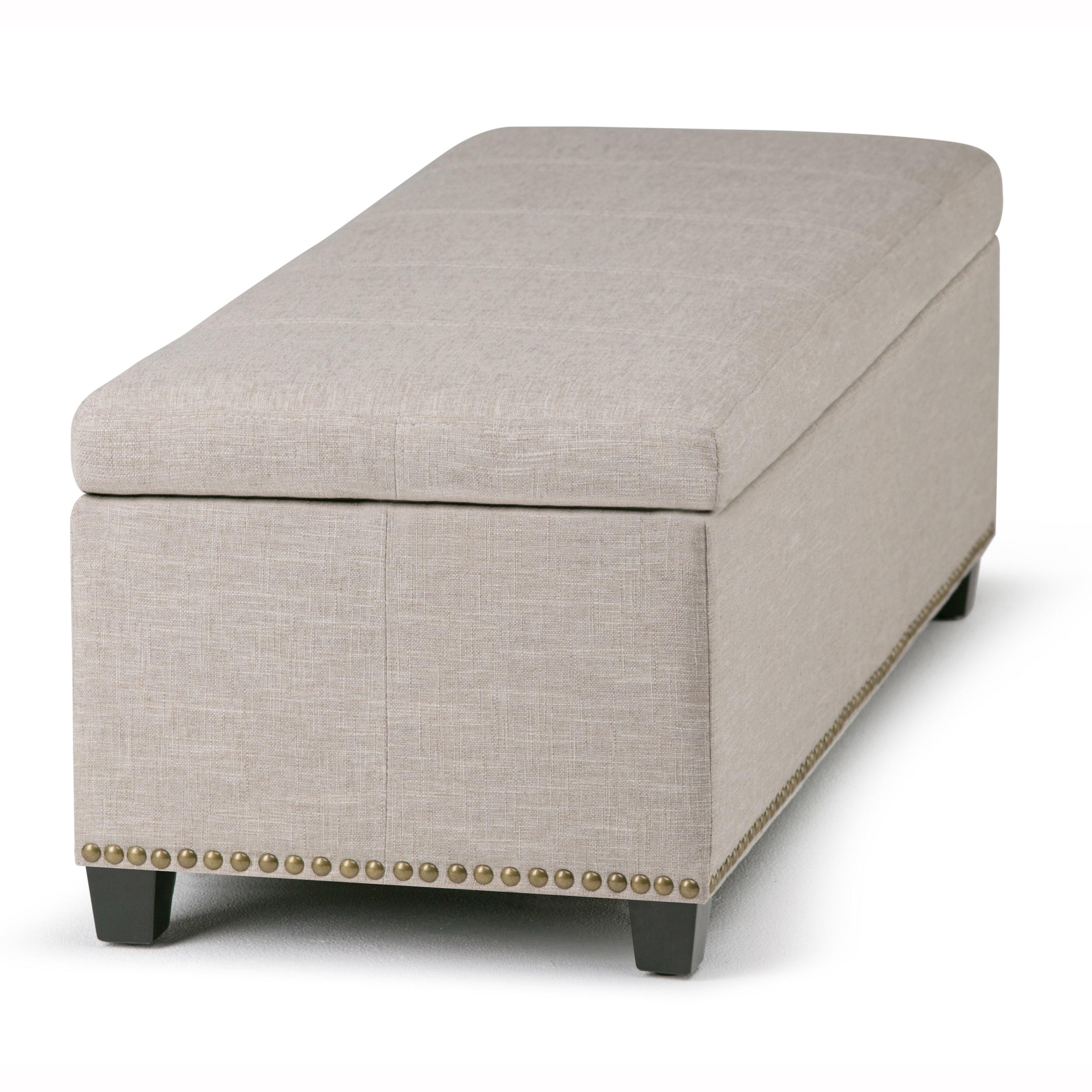 Simpli Home Kingsley 48"W Upholstered Storage Ottoman with Lift-Top Lid, Nailhead Trim, and Stitching Detail