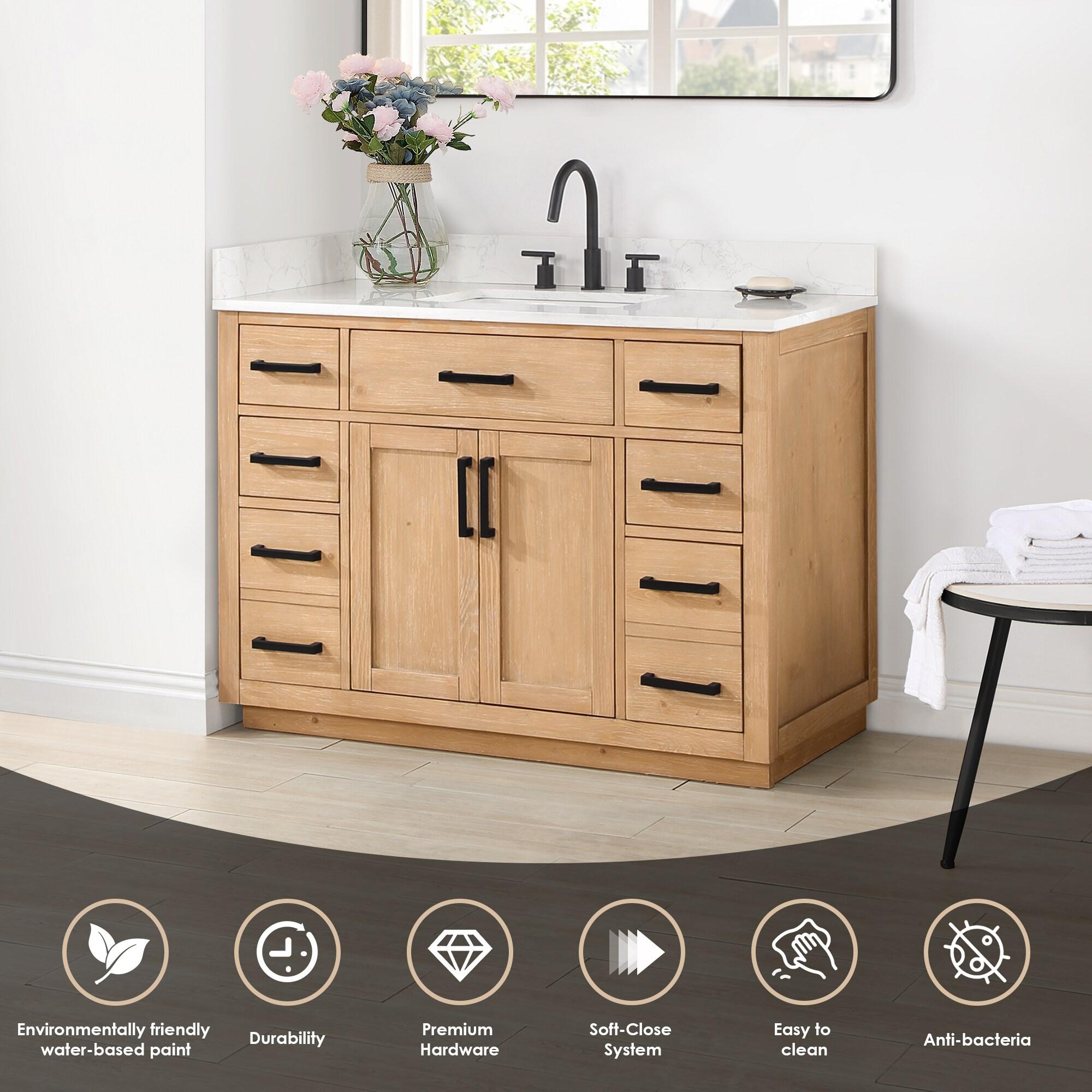 Gavino 48" Wood Vanity in Light Brown with Composite Stone Top and Mirror