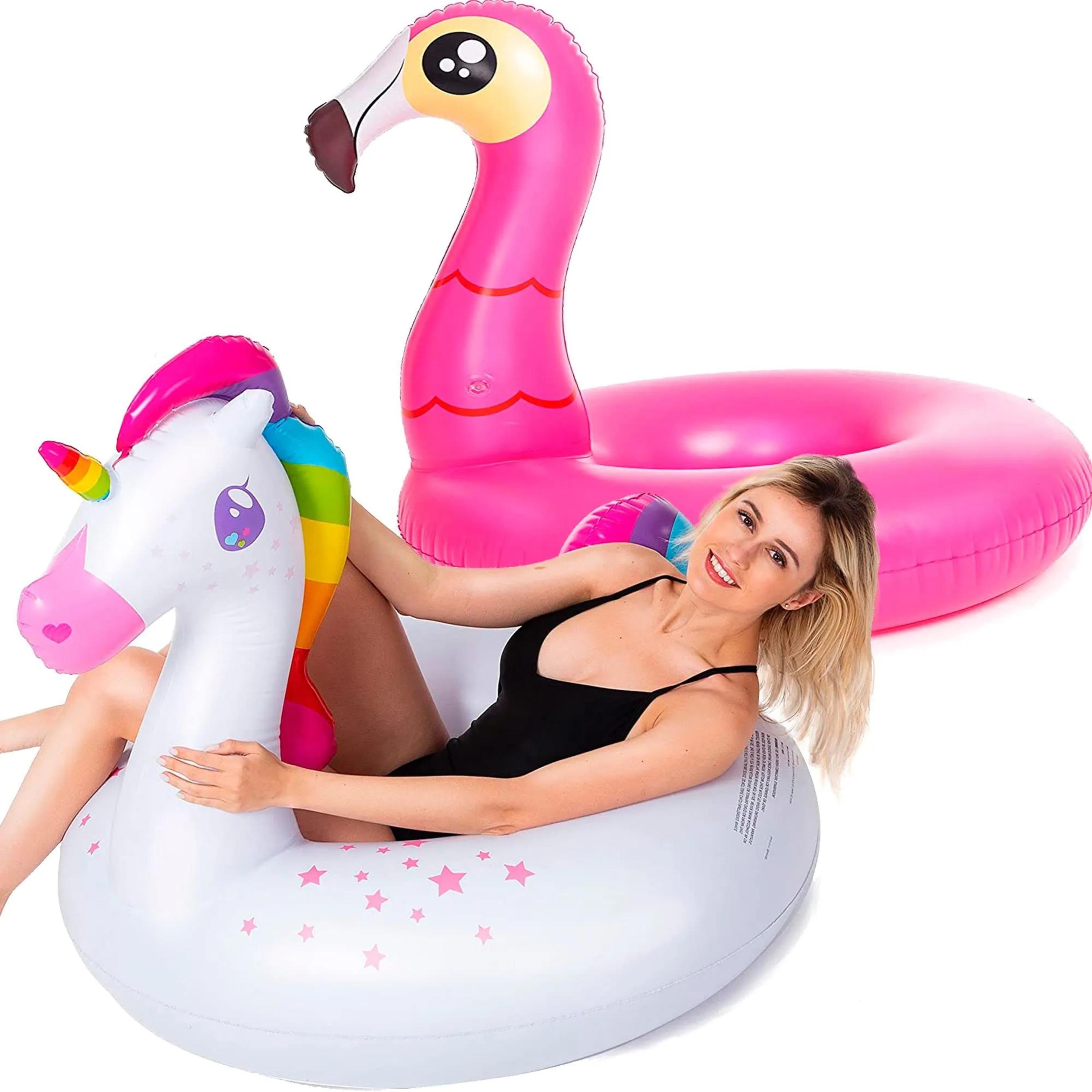 Joyfy 2 Packs Pool Floats Tube, Inflatable Unicorn Flamingo Pool Toys Floaties with Headrest, Pool Swim Ring for Kids Adults Beach Lake Summer Fun