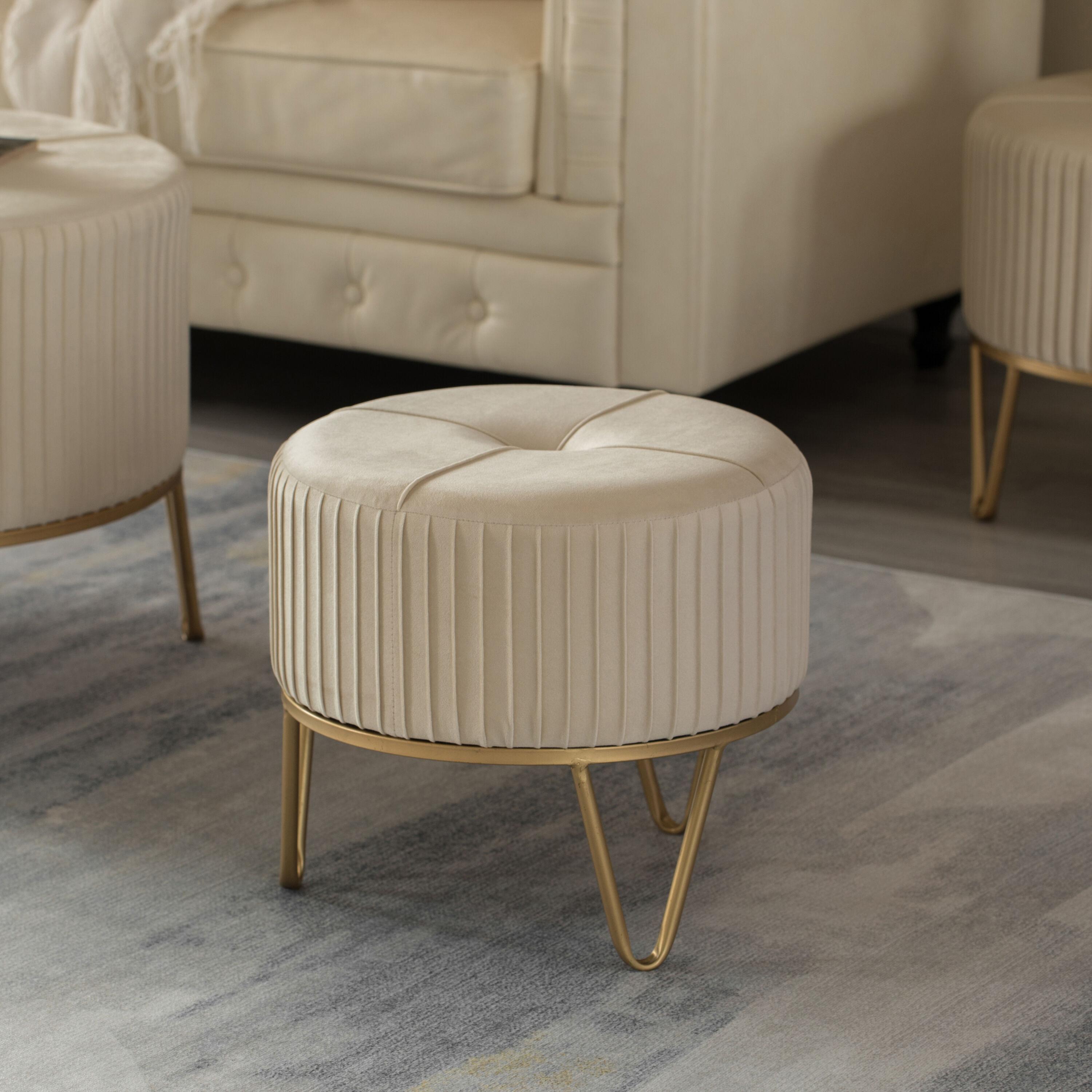 Fabulaxe Round Velvet Ottoman Stool Raised with Hairpin Gold Base, Cream, Small