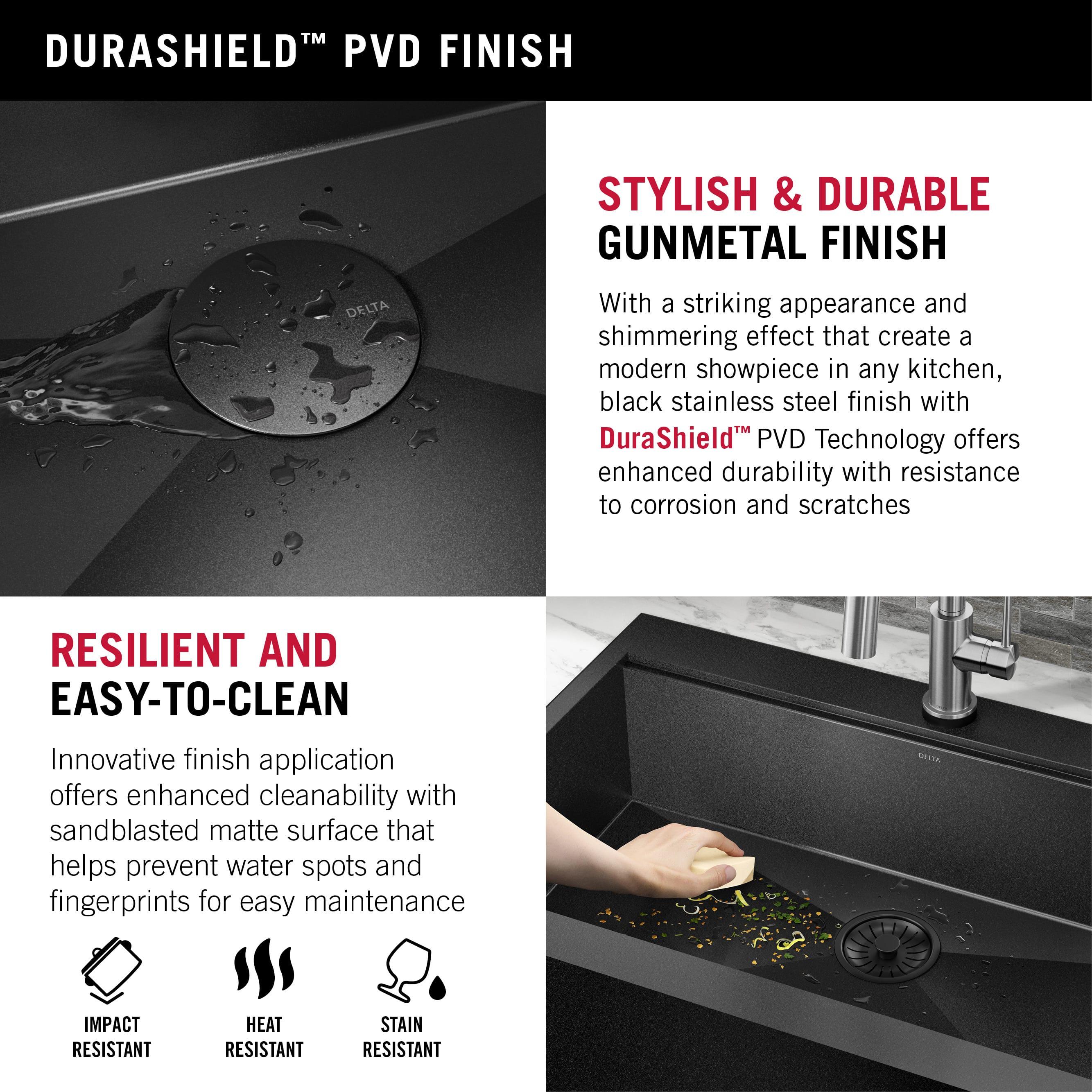 Delta Rivet™ Black Stainless Steel Retrofit Farmhouse Apron Front 16 Gauge Workstation Kitchen Sink Single Bowl