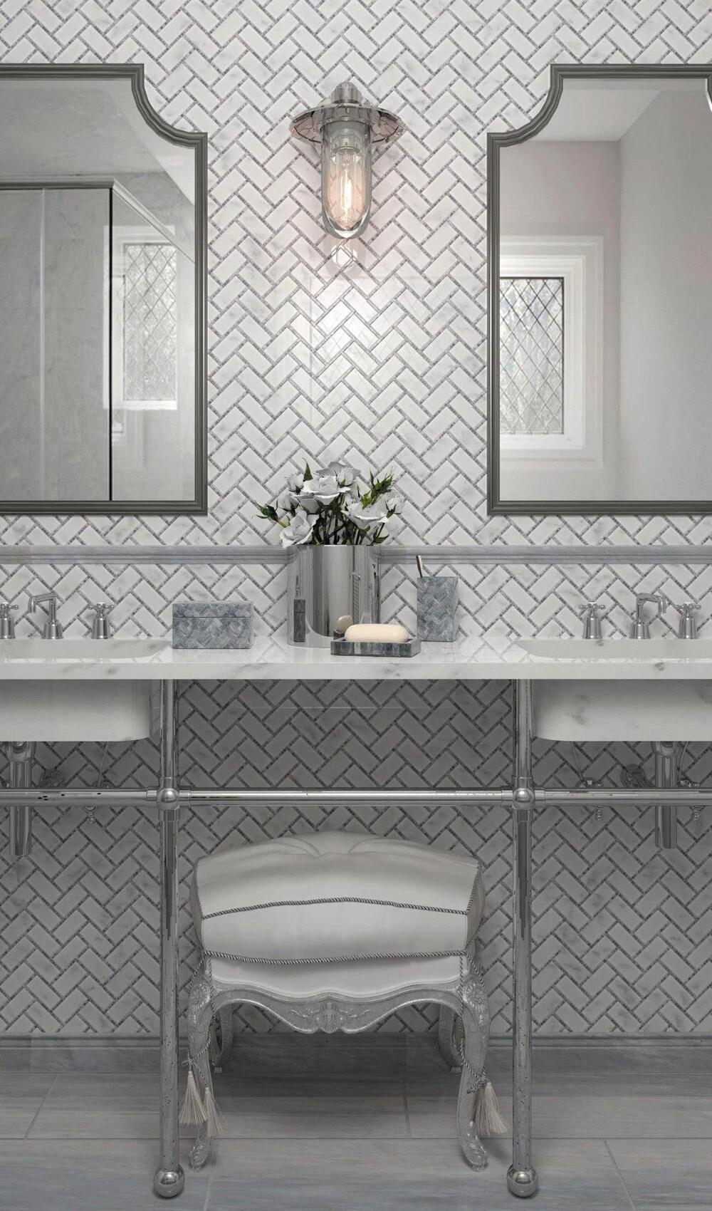 5 pack White and Gray 9.8 in. x 10.8 in. Polished Herringbone Marble Mosaic Floor and Wall Tile (3.68 sq. ft./Case)