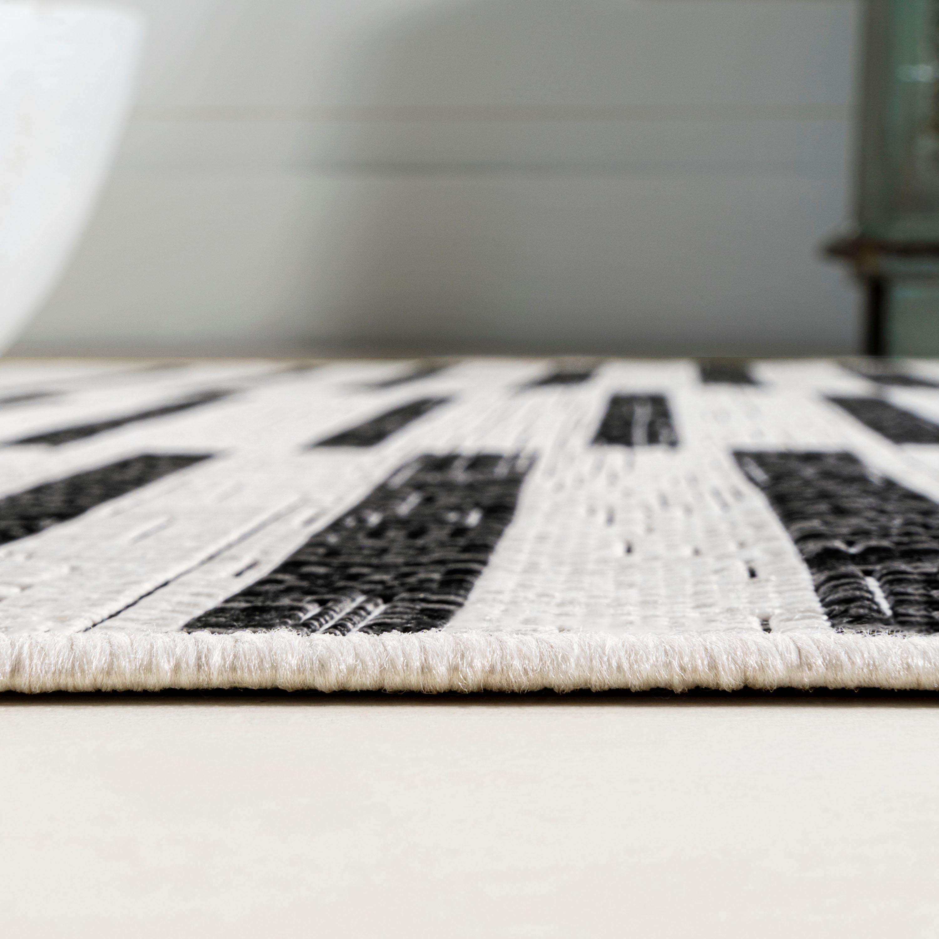 2'x10' Sukie Modern Offset Stripe Indoor/Outdoor Runner Rug, Ivory/Black - JONATHAN Y