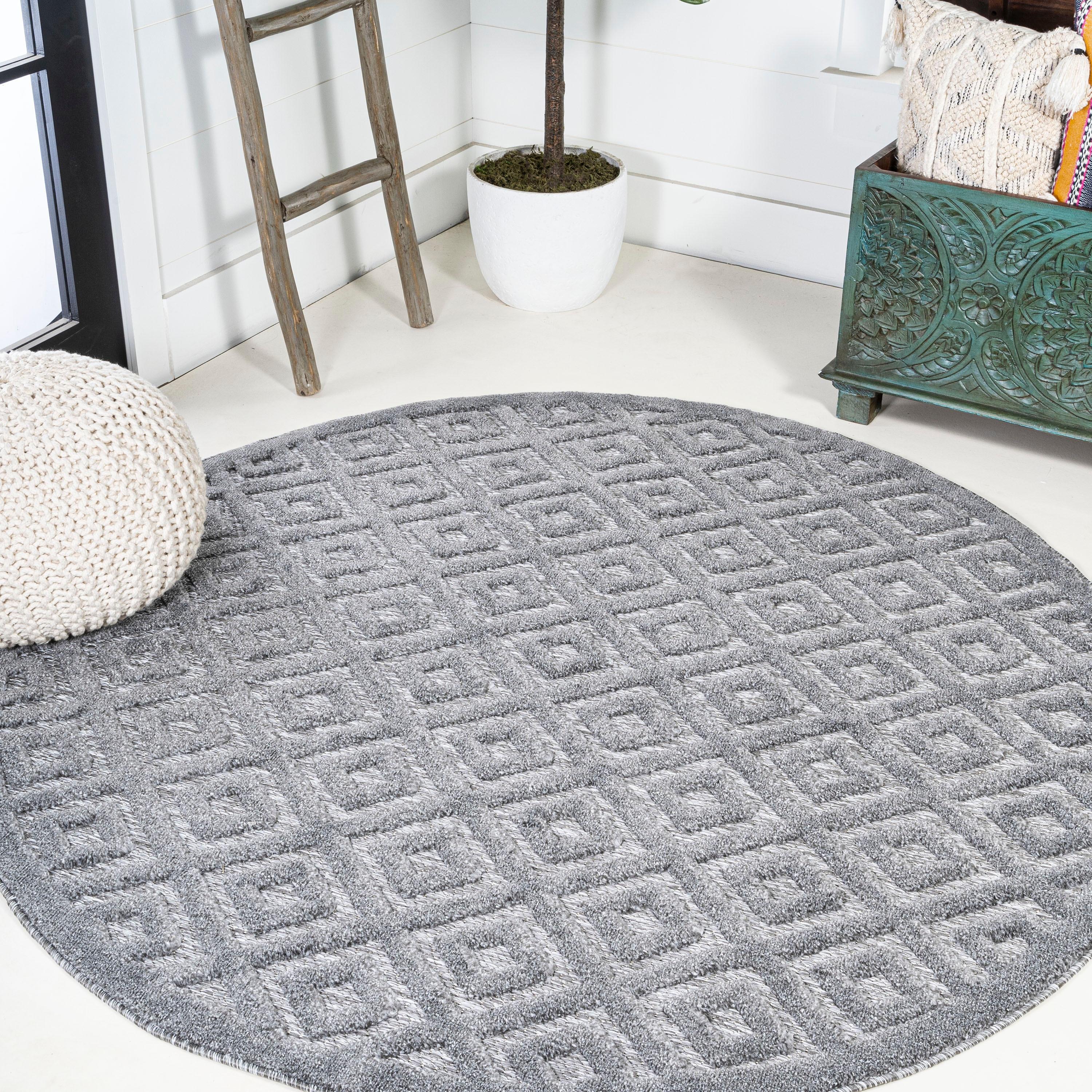 5' Round Portmany Neutral Diamond Trellis Indoor/Outdoor Area Rug, Dark Gray - JONATHAN Y