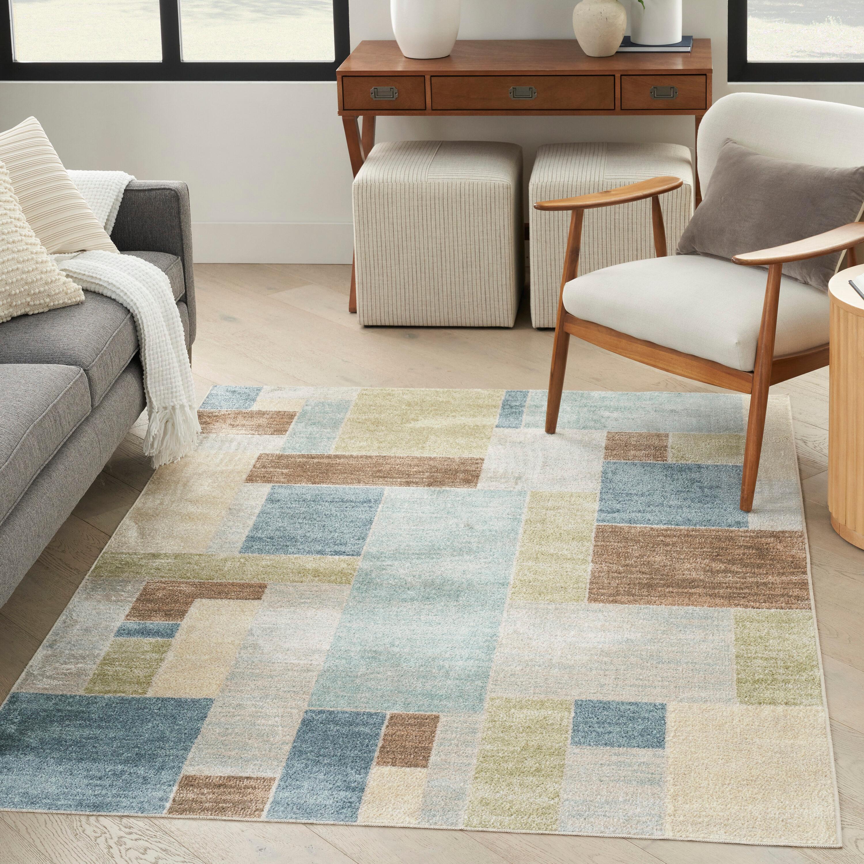 Nourison Astra Machine Washable Contemporary Color Block Indoor Rug Blue Green Multi 5'3" x 7'