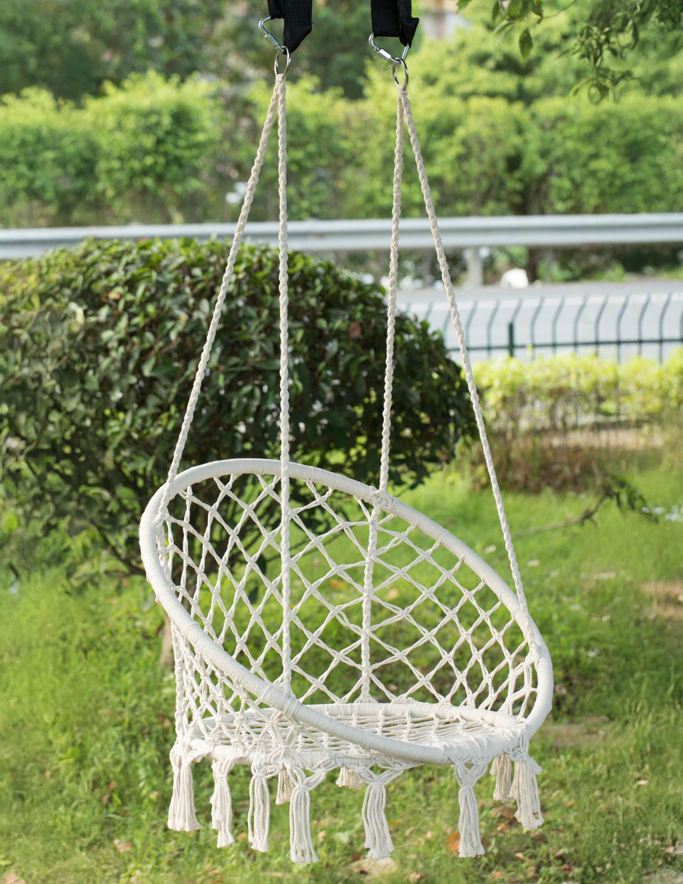 PLAYBERG Round Hanging Hammock Cotton Rope Macrame Swing Chair for Indoor and Outdoor