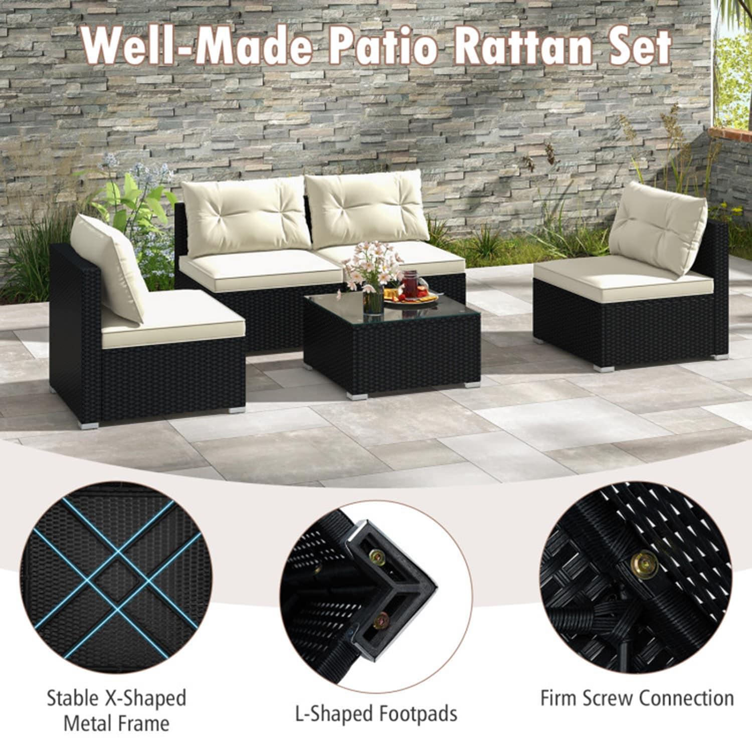Topcobe 7 Pieces Patio Rattan Furniture Set with Sectional Sofa Cushions, Outdoor Patio Furniture-Beige