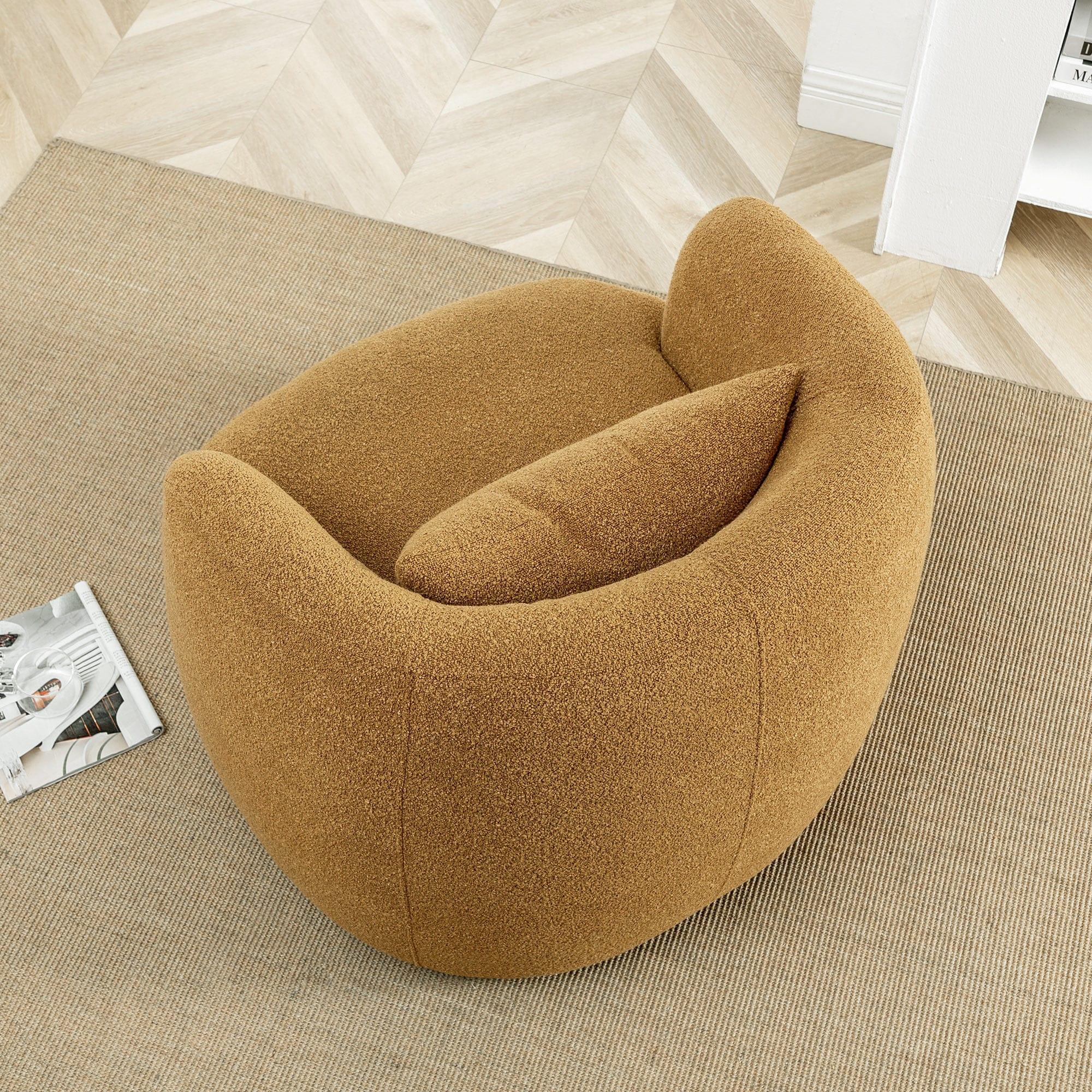 34" Wide Boucle Swivel Barrel Chair, No Assembly Round Upholstered Armchair Accent Chair Single Sofa Chair with Toss Pillow for Living Room and Bedroom, Brown