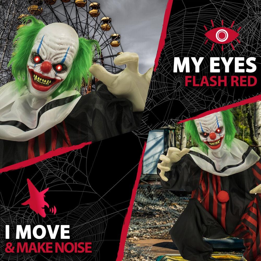 Haunted Hill Farm 32 In. Crouching Clown Creepy Animatronic with Lights and Sound, HHCLOWN-12FLSA