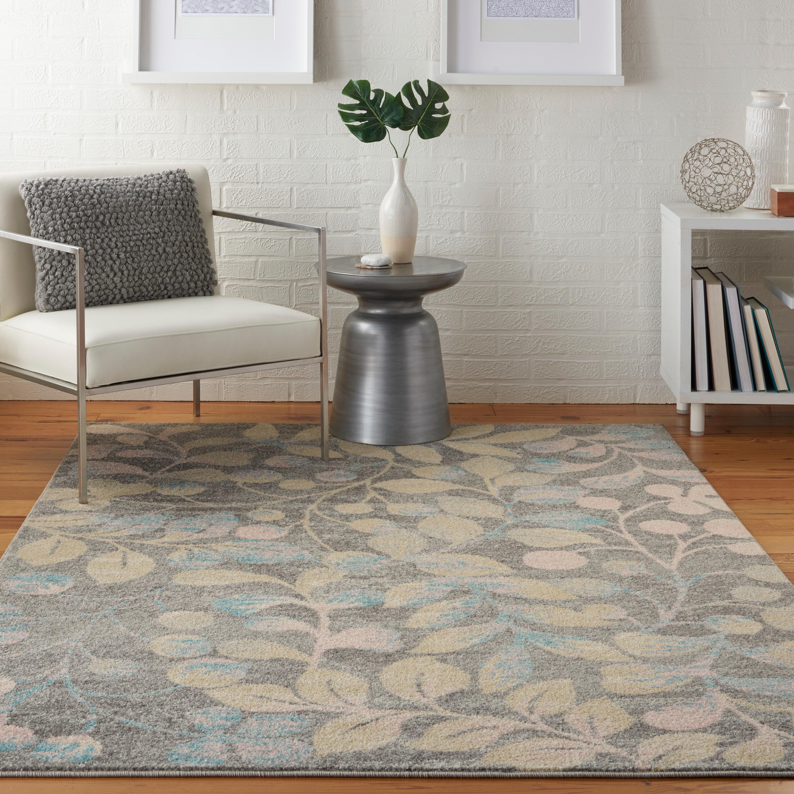 Nourison Tranquil 6' X 9' Grey/Beige Area Rug Contemporary Botanical Vine and Bloom by Nourison