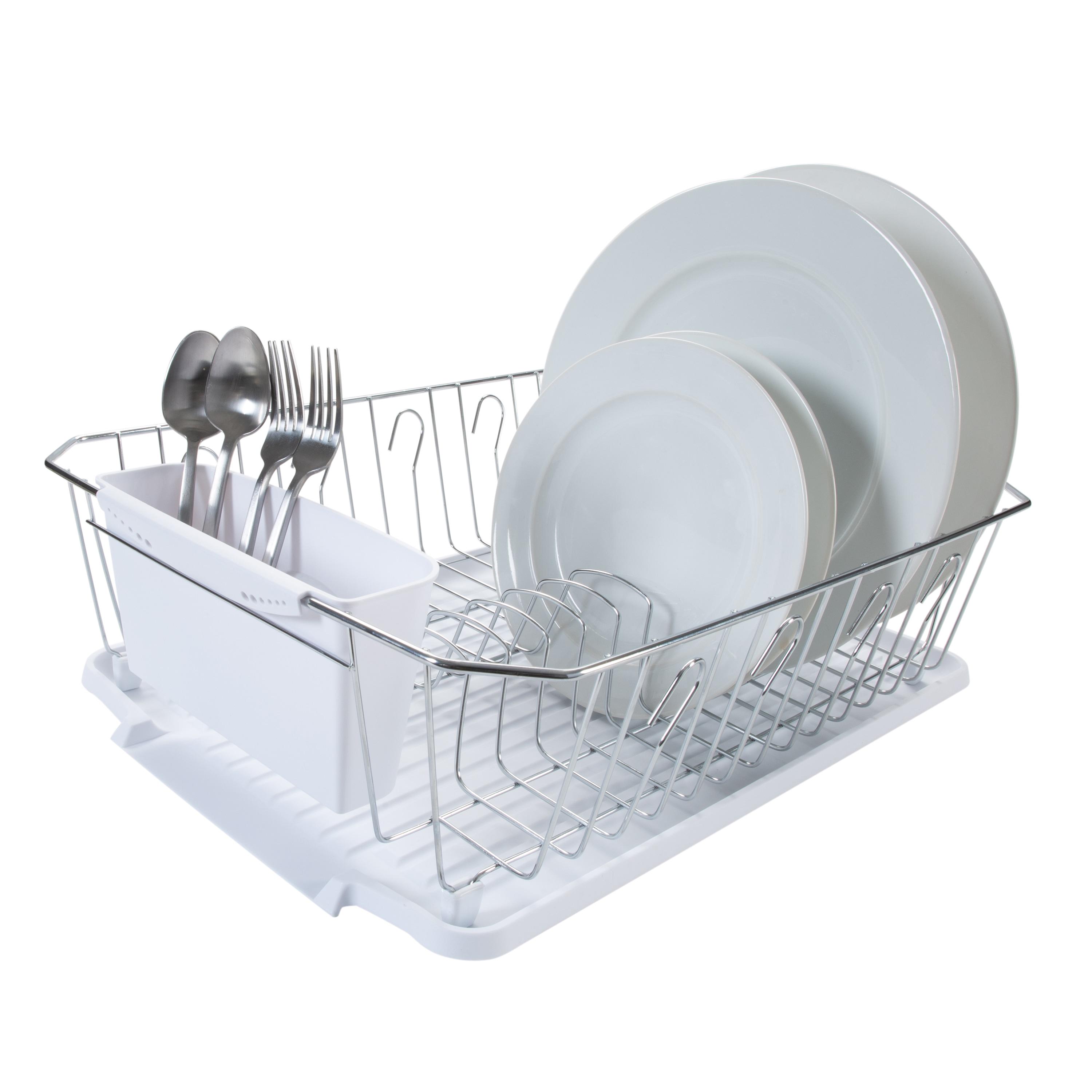 Chrome Foldable Dish Rack with Utensil Cup in White