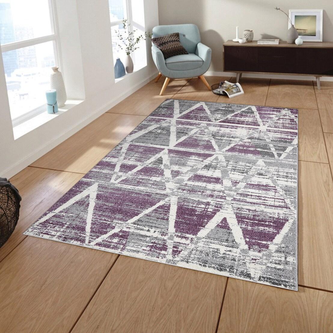 LBaiet 5' x 7' Purple and Gray Geometric Lines Rectangular Area Throw Rug