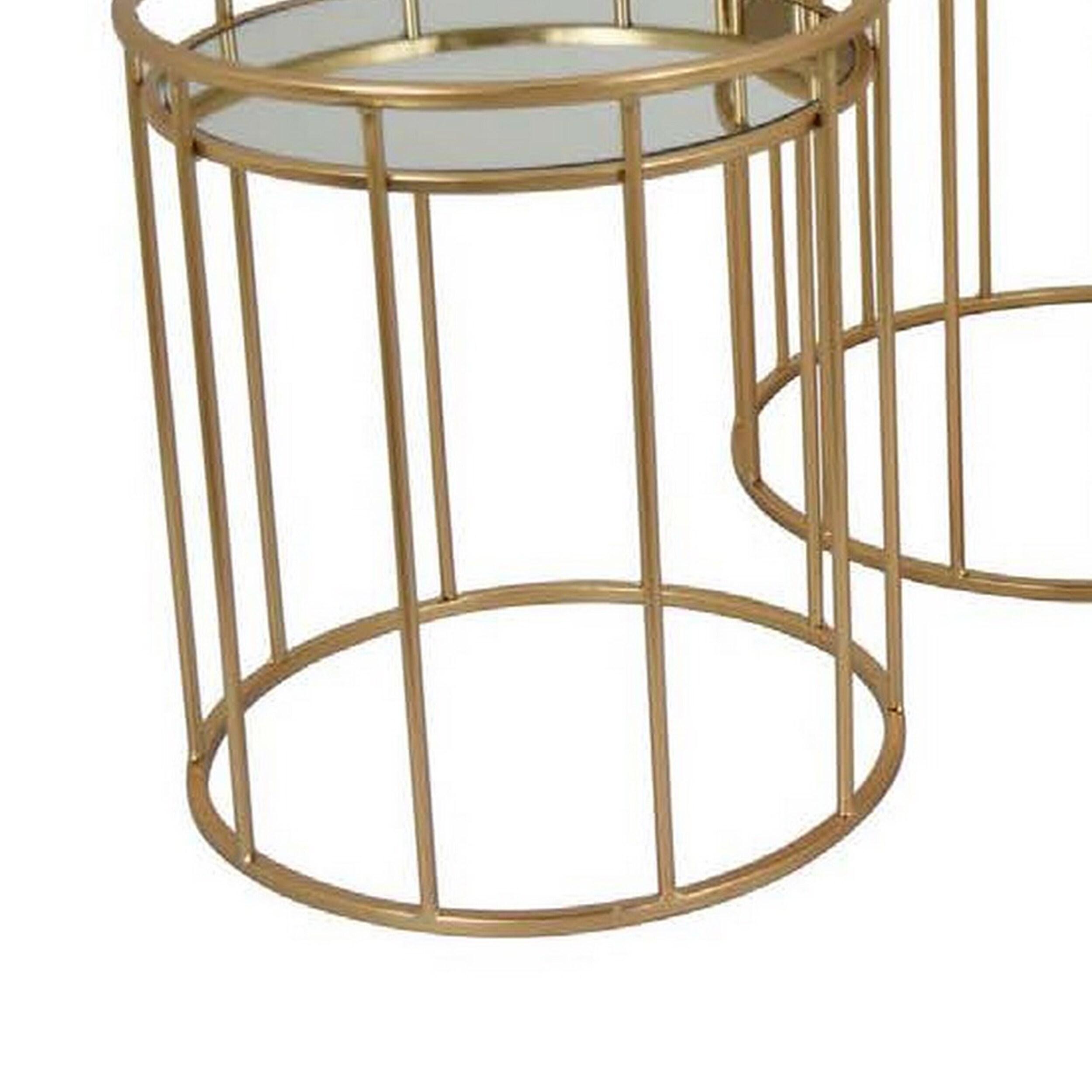 Benjara 20 Inch Plant Stand Table Set of 3, Gold Metal Frame, Mirror Tray Top