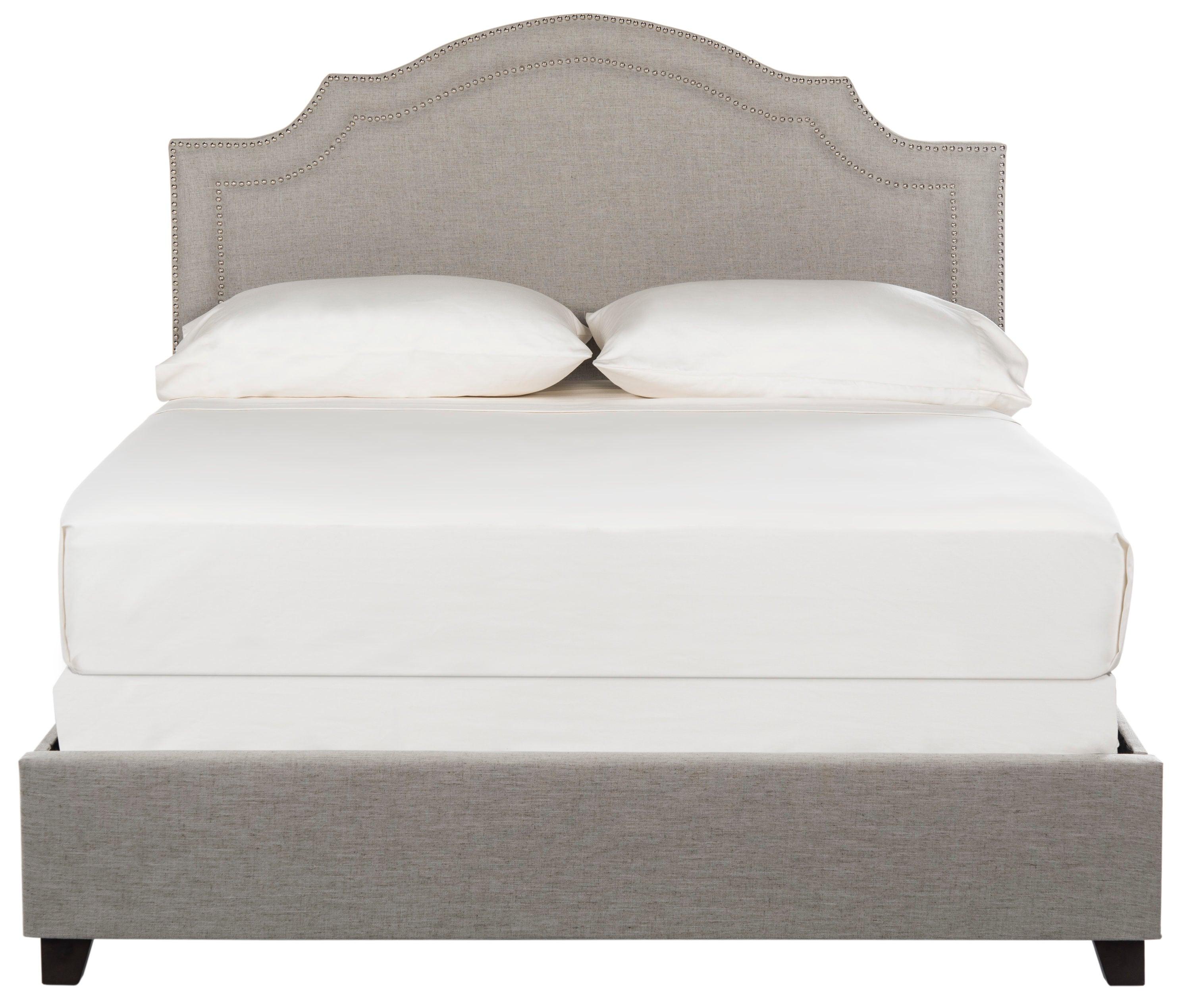 Beige Linen Upholstered Queen Platform Bed with Nailhead Trim