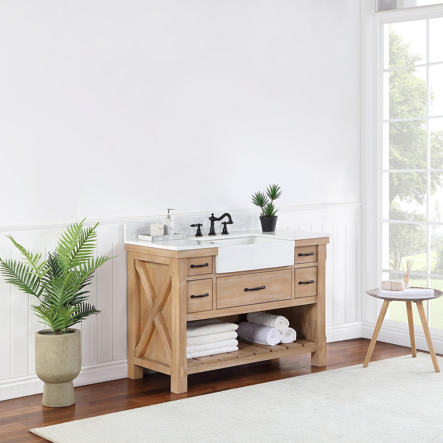 Villareal 48" Single Bath Vanity in Weathered Pine Wood & White Farmhouse Basin