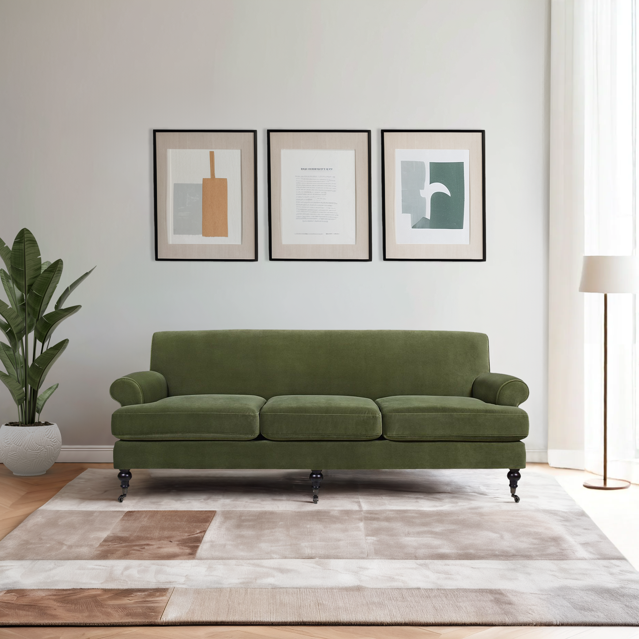 Jennifer Taylor Home Alana 88" Lawson Living Room Three-Cushion Tightback Sofa Couch with Metal Casters, Olive Green
