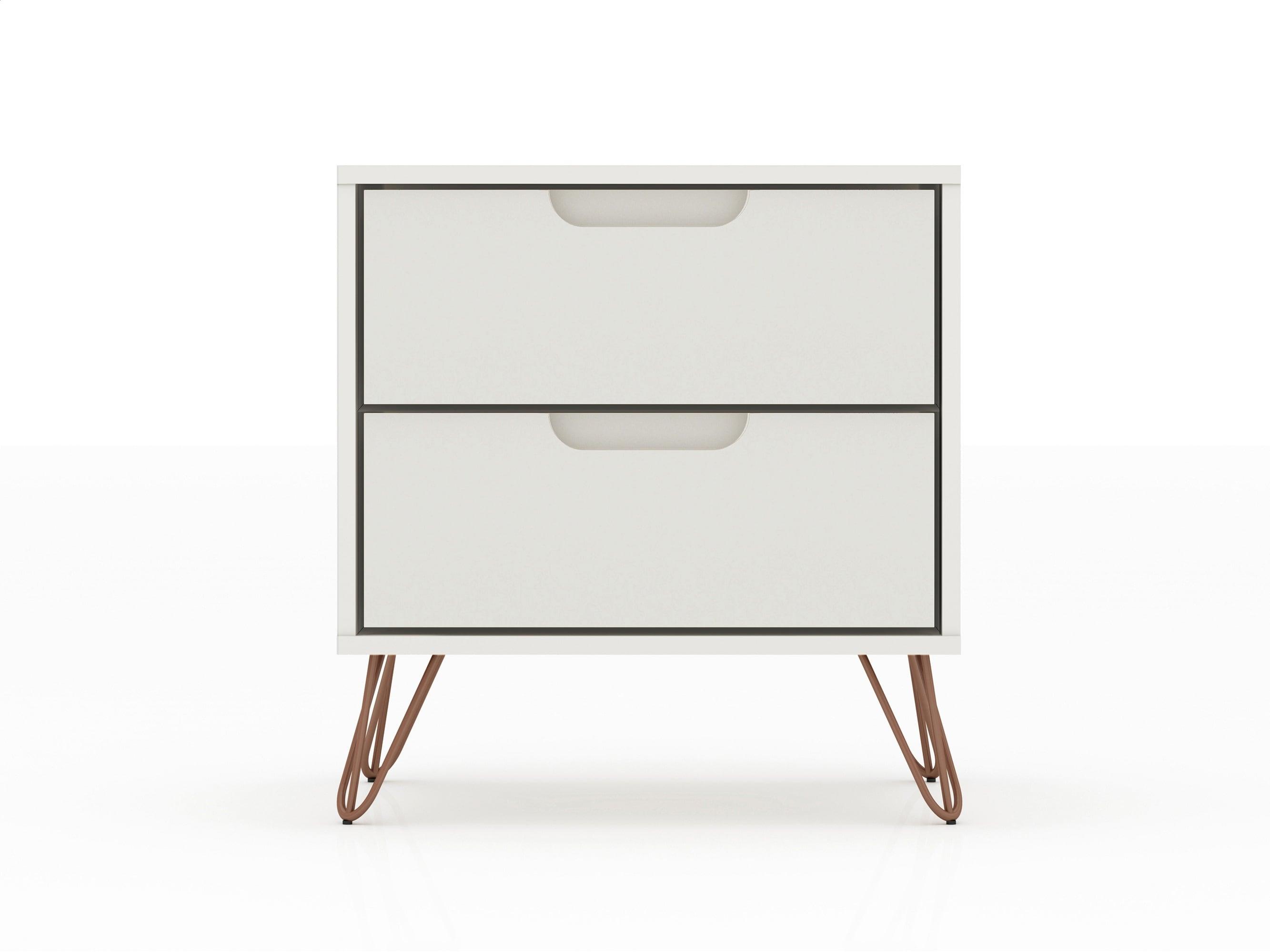 Set of 2 Rockefeller 2 Drawer Nightstands Off White - Manhattan Comfort: Modern Splayed Metal Legs, MDF