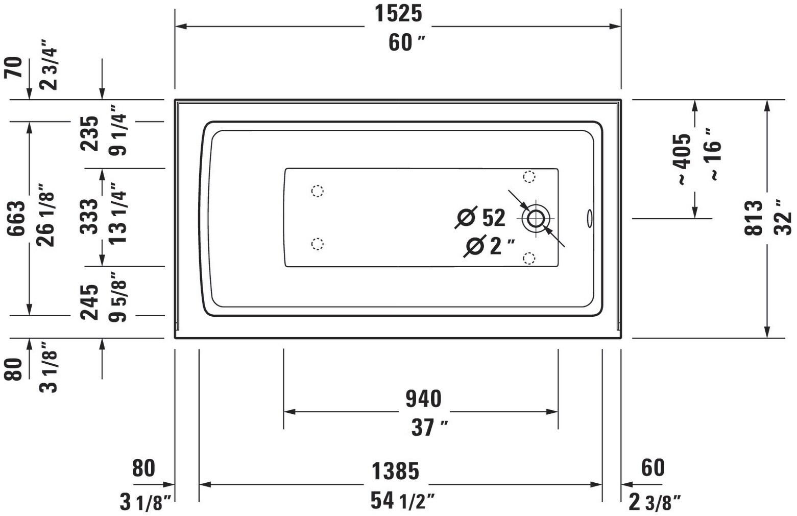 Architec 60" x 32" Alcove Soaking Bathtub with Left Drain (drain not included) - White