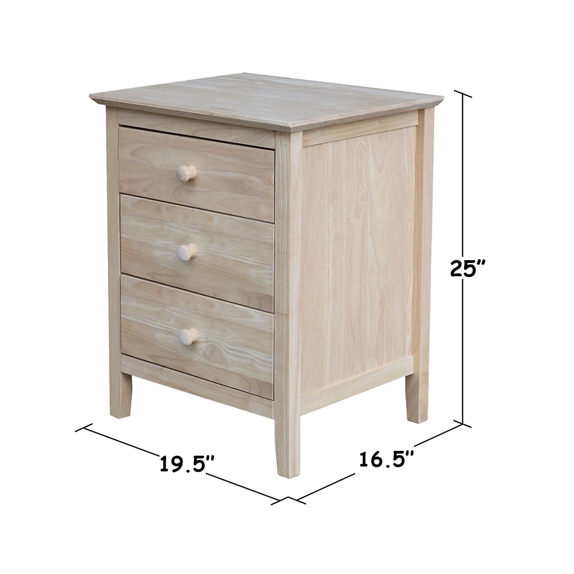 International Concepts Smith Nightstand with 3 Drawers - Unfinished : Hardwood Bedside Table, Storage Solution