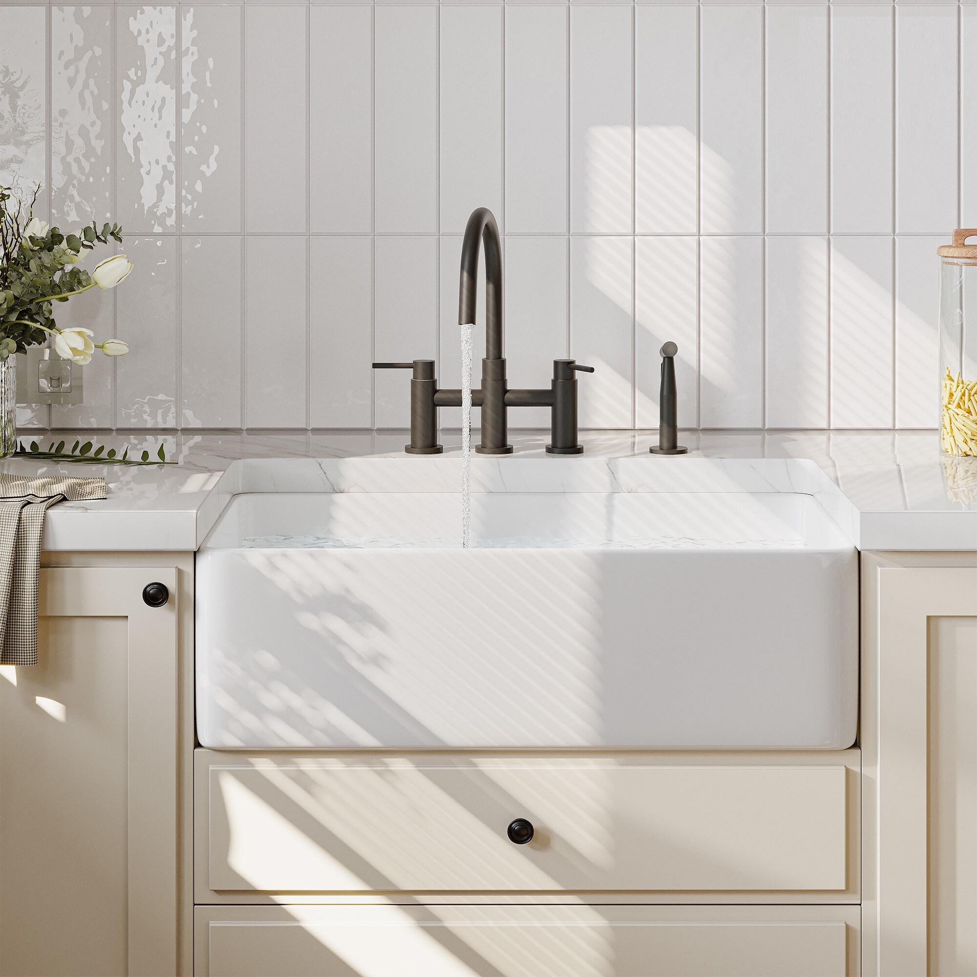 Double Handle Bridge Kitchen Faucet with Side Sprayer in Matte Black