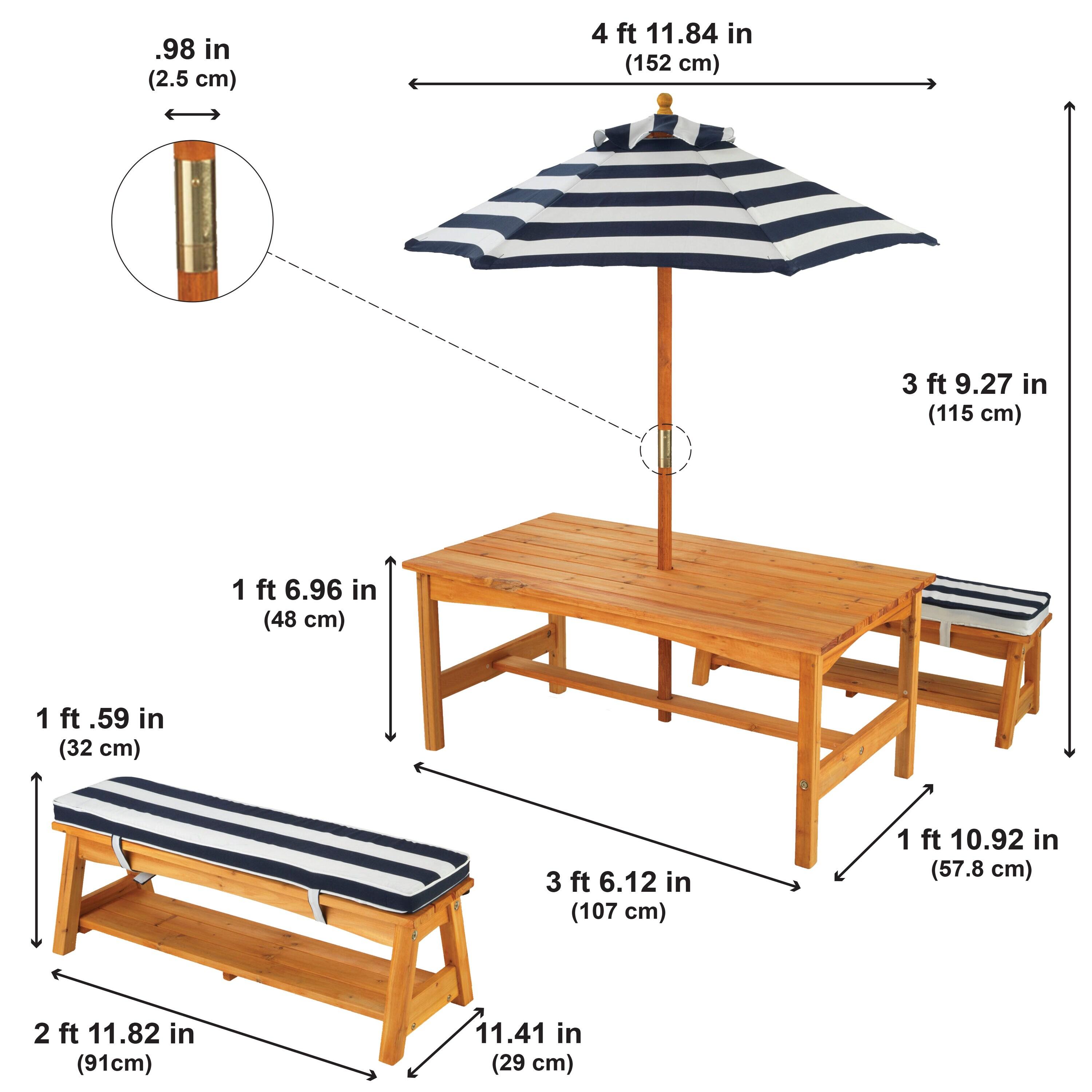 Outdoor Wooden Table & Benches with Cushions & Umbrella, Navy