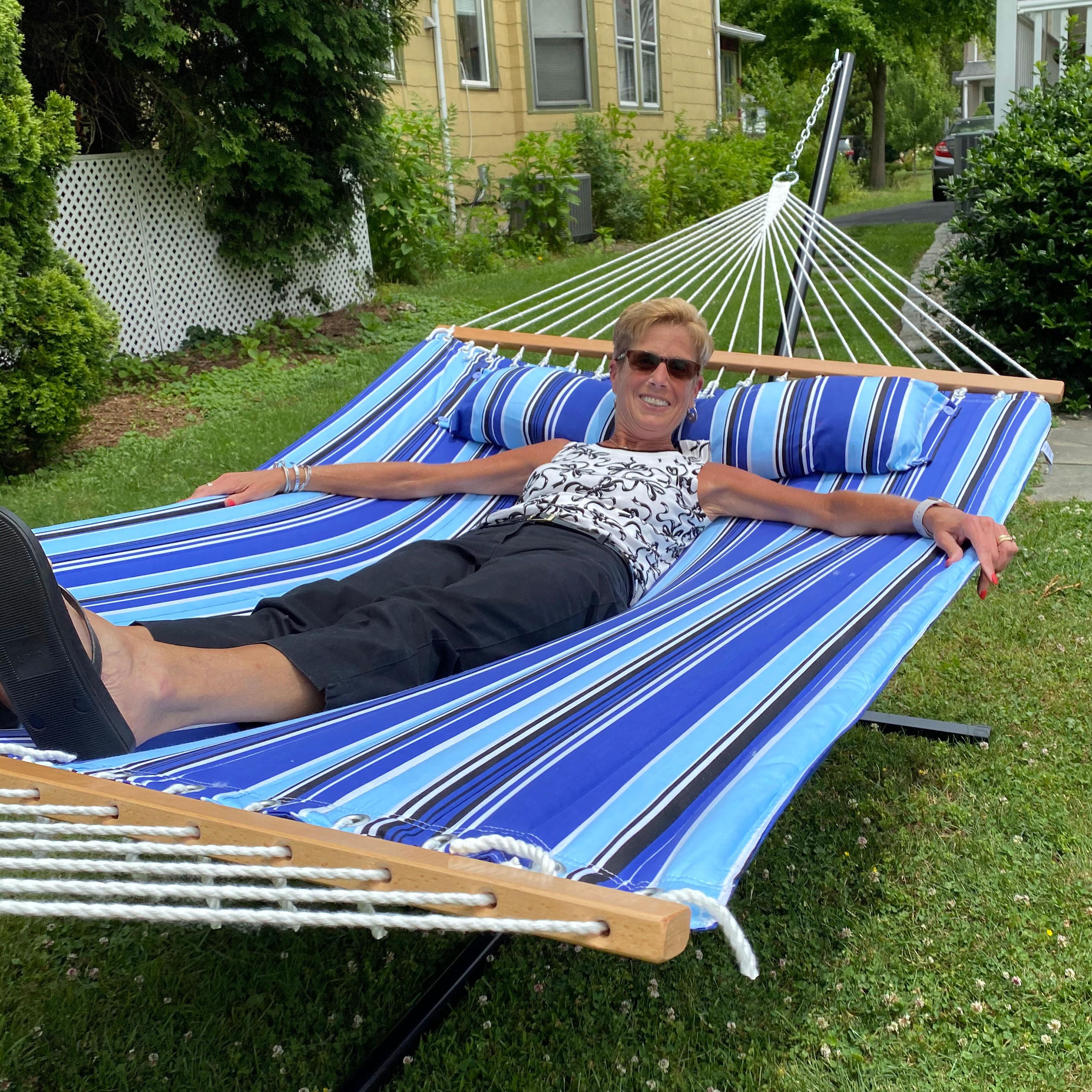 Sunnydaze Outdoor 2-Person Double Polyester Quilted Hammock with Wood Spreader Bar and 12ft Black Steel Stand - Catalina Beach