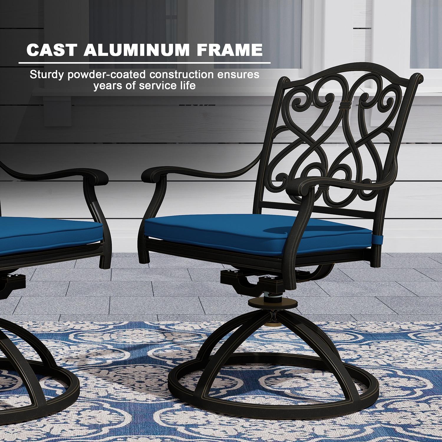 Black Cast Aluminum 6-Person Outdoor Dining Set with Blue Cushions