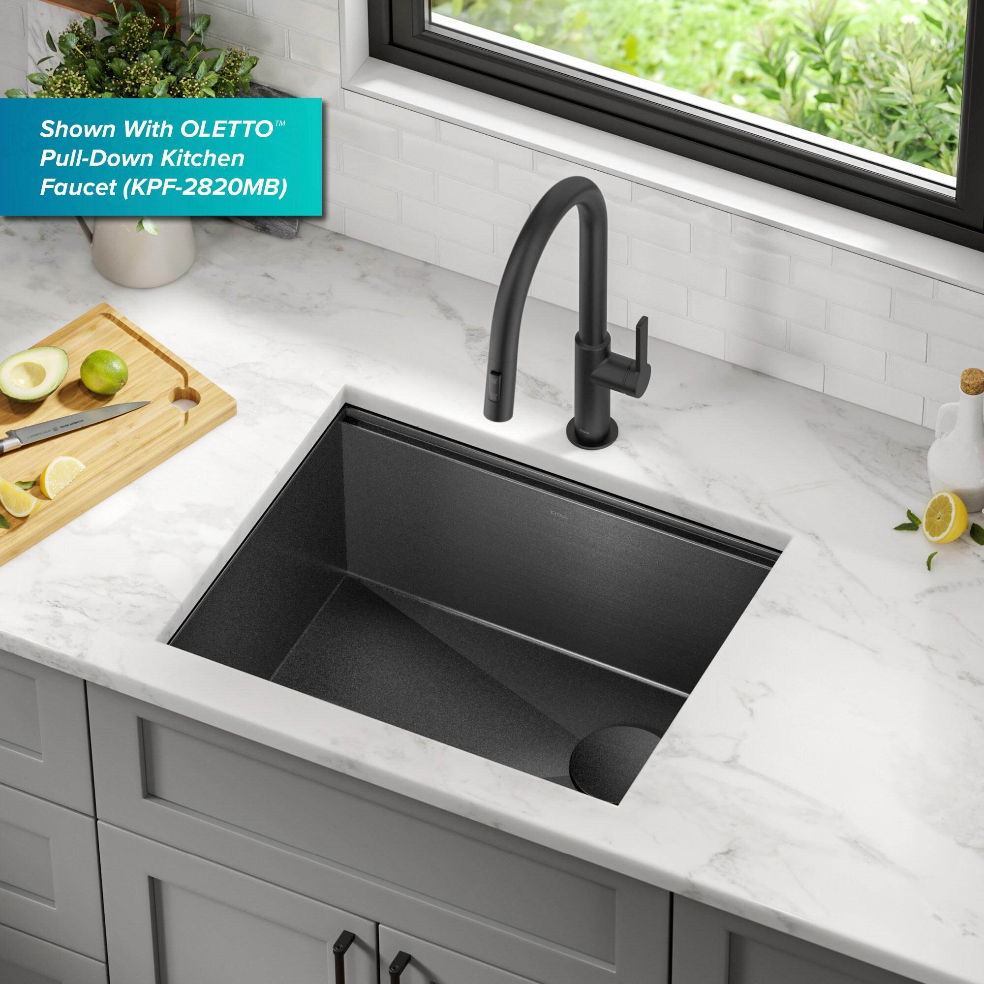 KRAUS Kore™ Undermount Workstation 16 Gauge Black Stainless Steel Single Bowl Kitchen Sink in PVD Gunmetal Finish