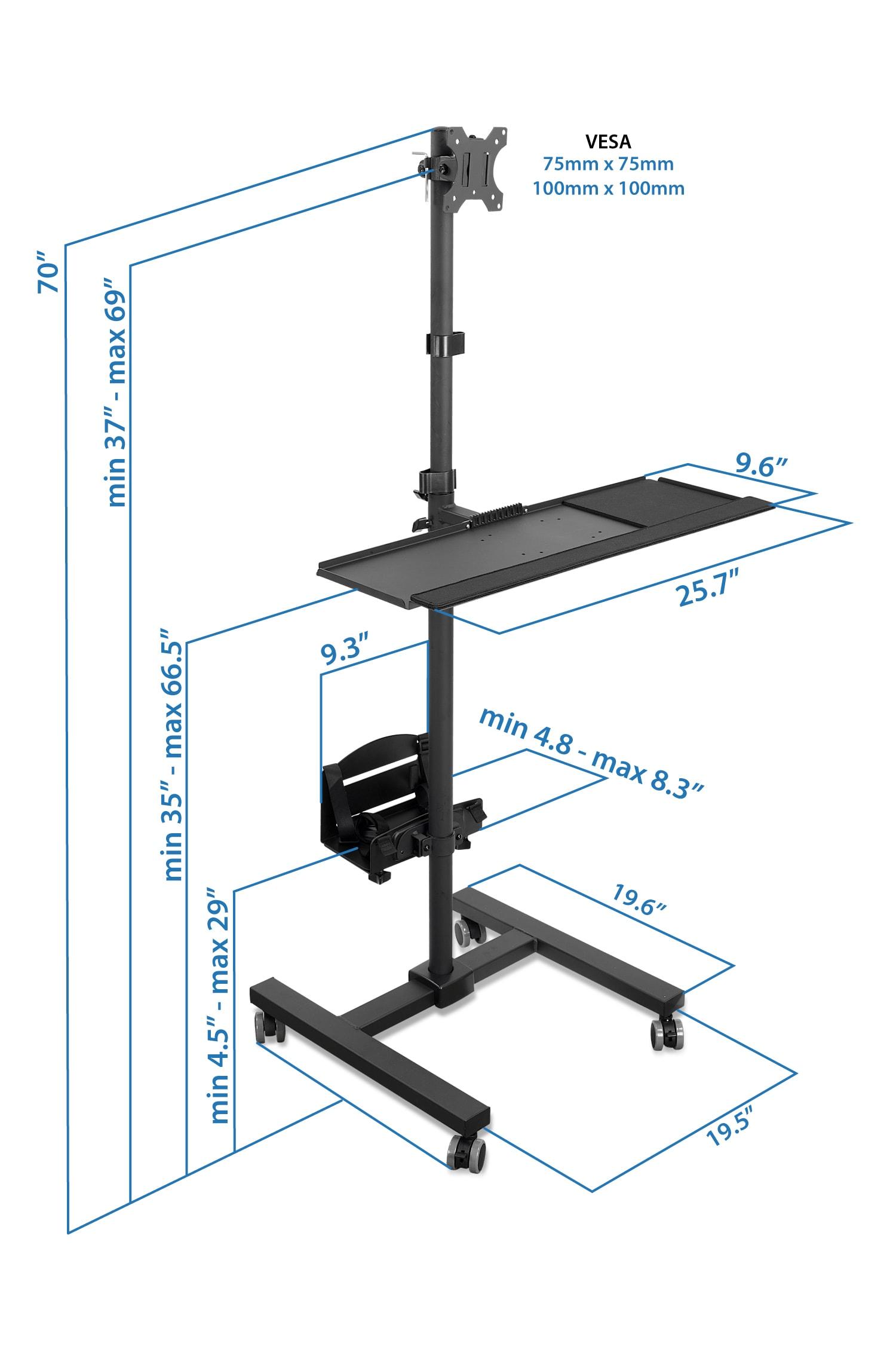 Mount-it Mount-It! Height Adjustable Rolling Computer Cart, Workstation with Tray Monitor Mount & CPU Holder