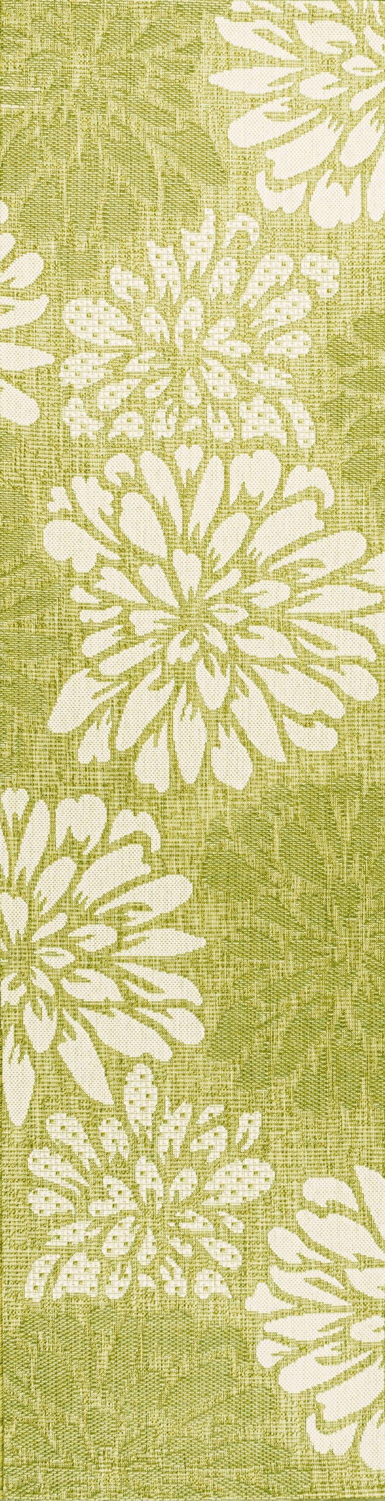 2' x 10' Zinnia Modern Floral Textured Weave Indoor/Outdoor Runner Rug, Green/Cream - JONATHAN Y