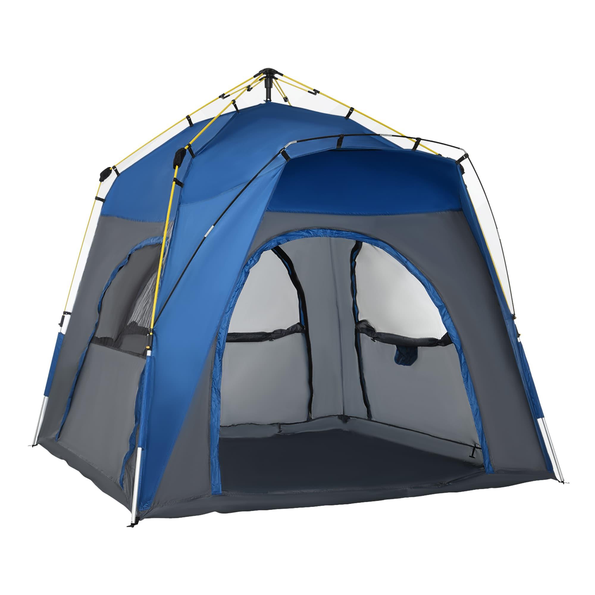 Outsunny Camping Tents 4 Person Pop Up Tent Quick Setup Automatic Hydraulic Family Travel Tent w/ Windows, Doors Carry Bag Included, Blue