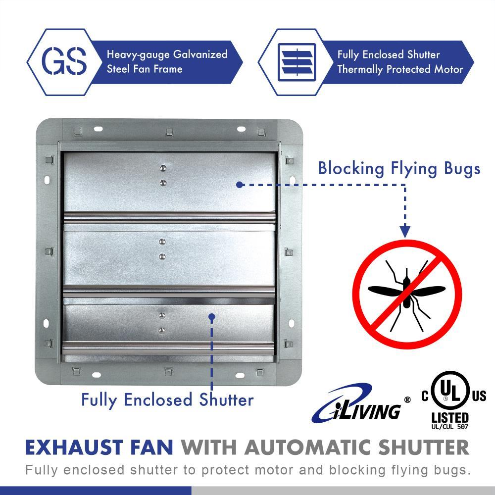 iLIVING ILG8SF12V-ST 12" Wall Mounted Shutter Exhaust Fan, Automatic Shutter, with Thermostat and Variable Speed controller, 0.6A, 960 CFM, 1400 SQF Coverage Area Silver