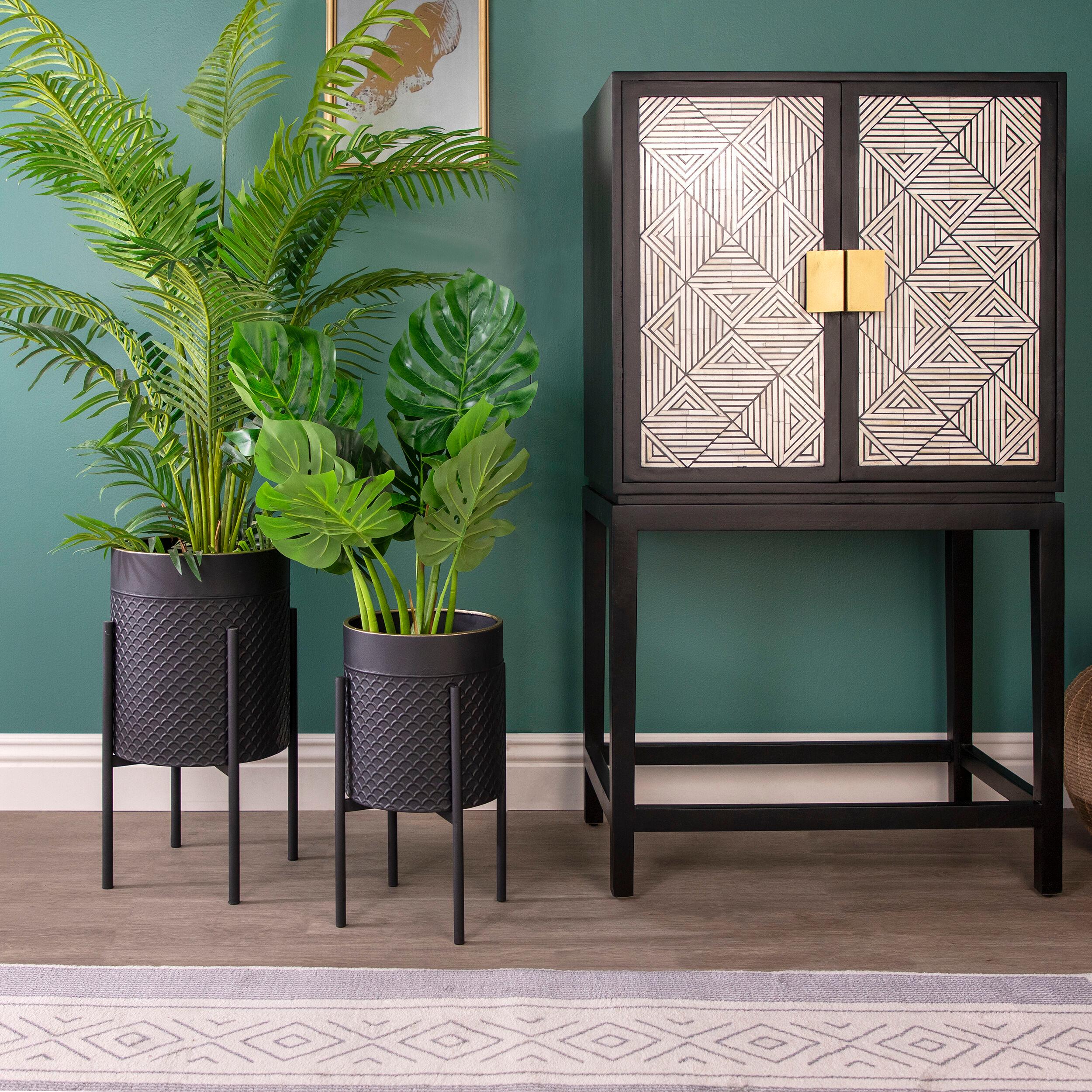 Sagebrook Home 14" Wide 2pc Scales Planter Pot on Metal Stand Black/Gold: Honeycomb Design, No Drainage Holes