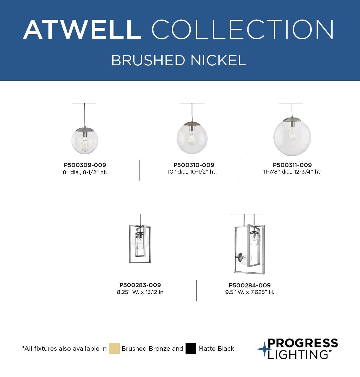 Progress Lighting Atwell 1-Light Glass Globe Pendant, Brushed Nickel, Clear Glass Shade