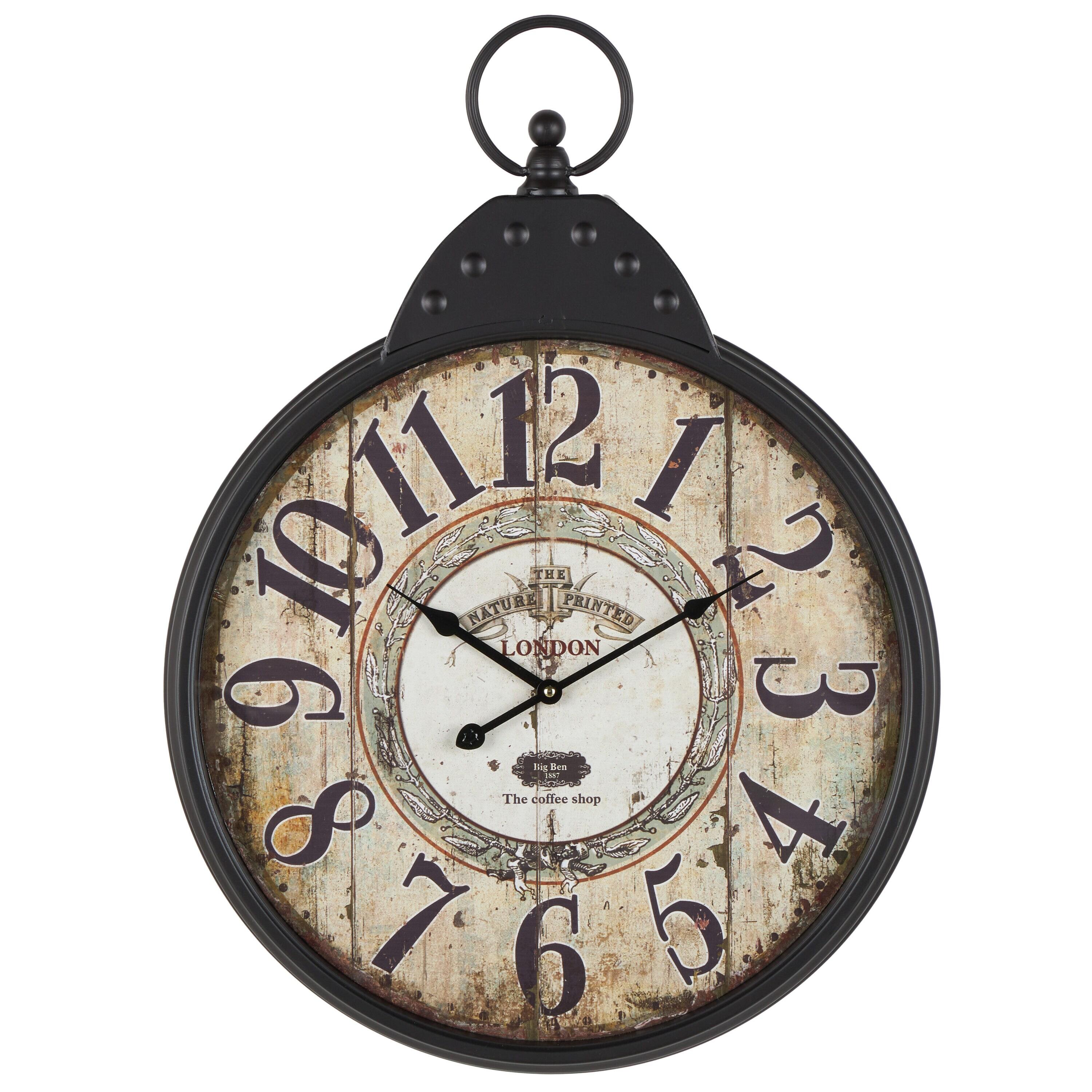 DecMode 20" Black Metal Finial Distressed Pocket Watch Inspired Wall Clock with Beige Clockface