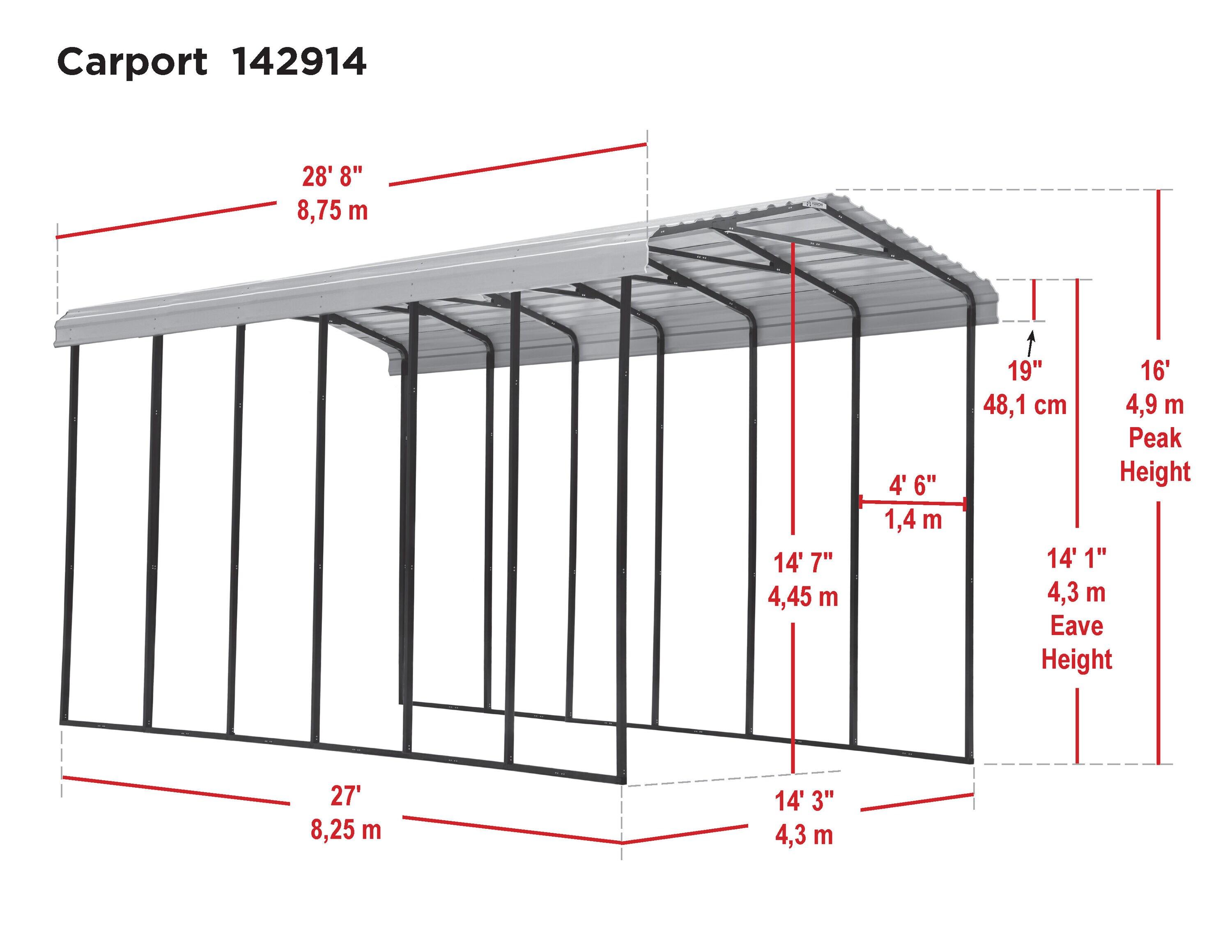 Arrow Carports Galvanized Steel Carport, RV Metal Carport Kit, 14' x 29' x 14', Eggshell