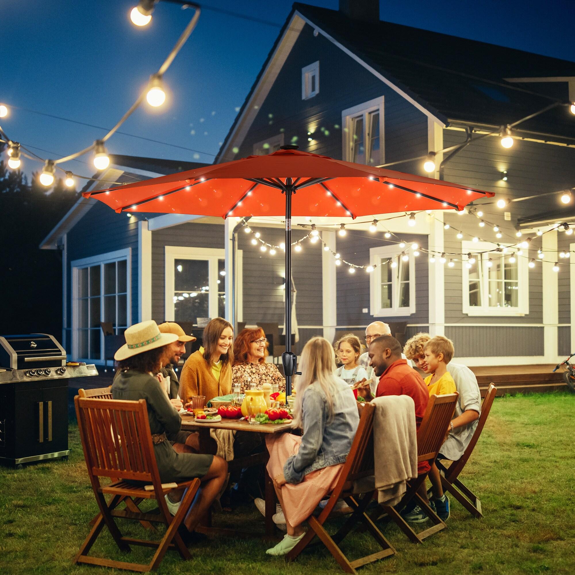 Sun-Ray 9 FT 32 LED Patio Solar Umbrella w/ Push Button Tilt and Crank Outdoor Umbrella, 8 Sturdy Ribs, UV Protection, Solution-Dyed Fabric, Orange
