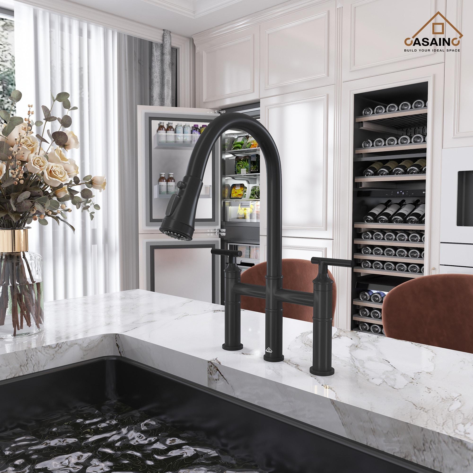 CASAINC Sleek 2-Handle Bridge Kitchen Faucet with Three Function Pull-Down Sprayhead 1.8 GPM KCLT0001-MB