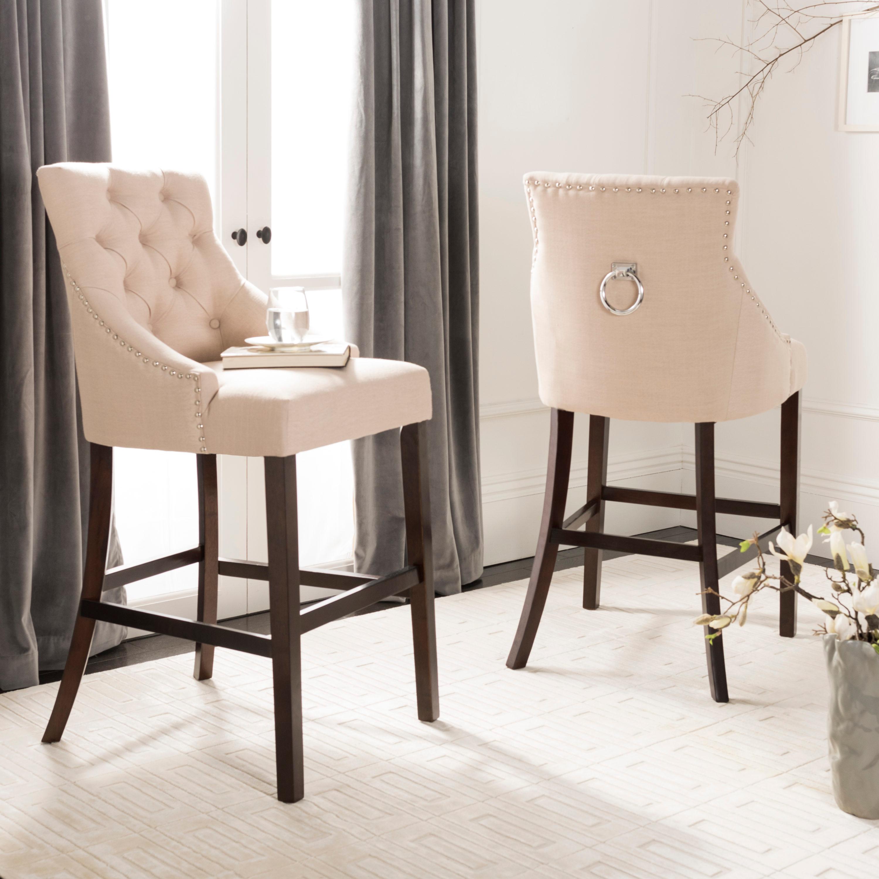 Eleni Tufted Wing Back Bar Stool (Set Of 2) - Beige/Espresso - Safavieh