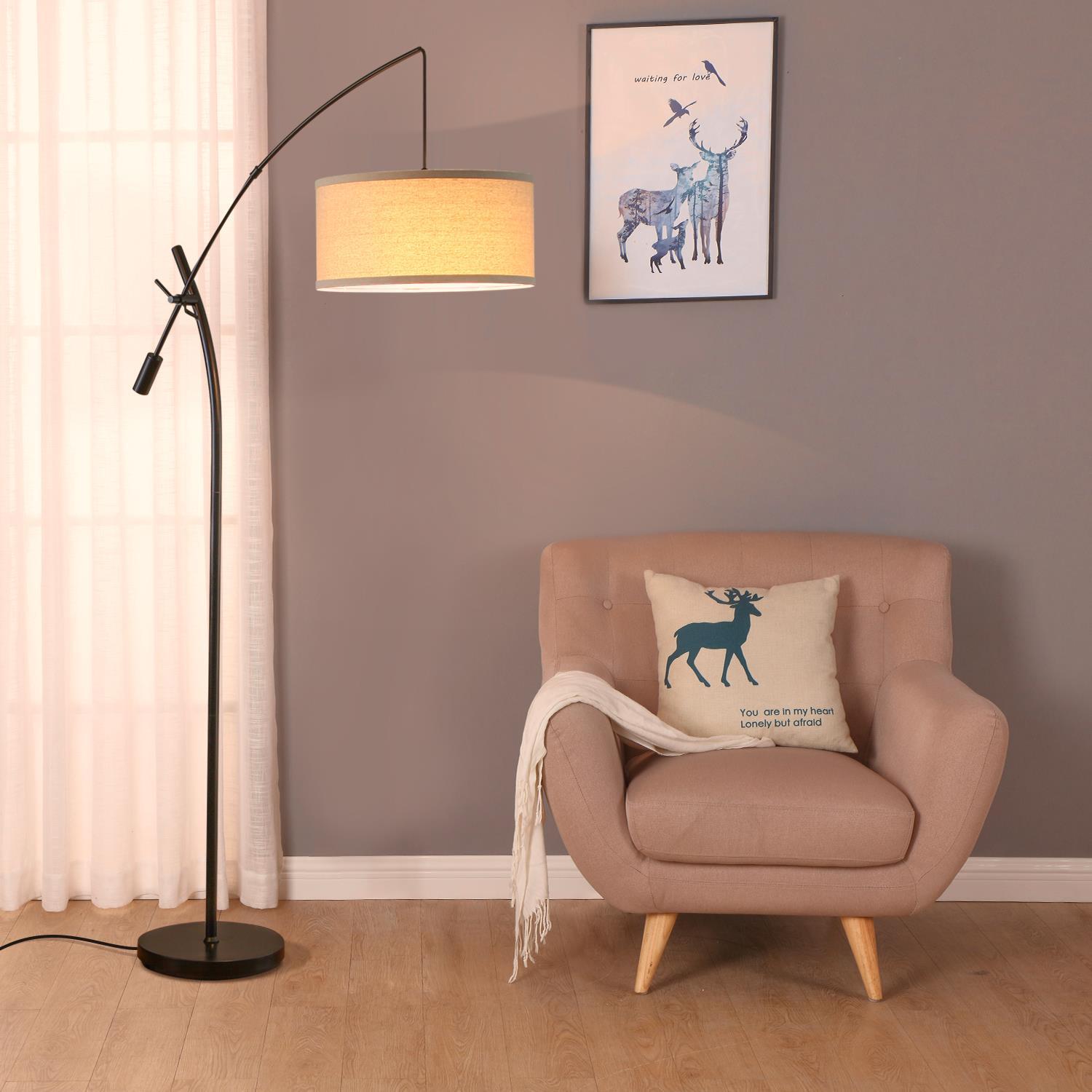 Brightech Grayson 84 in. Mid-Century Modern Height-Adjustable LED Arched Floor Lamp with Beige Fabric Drum Shade