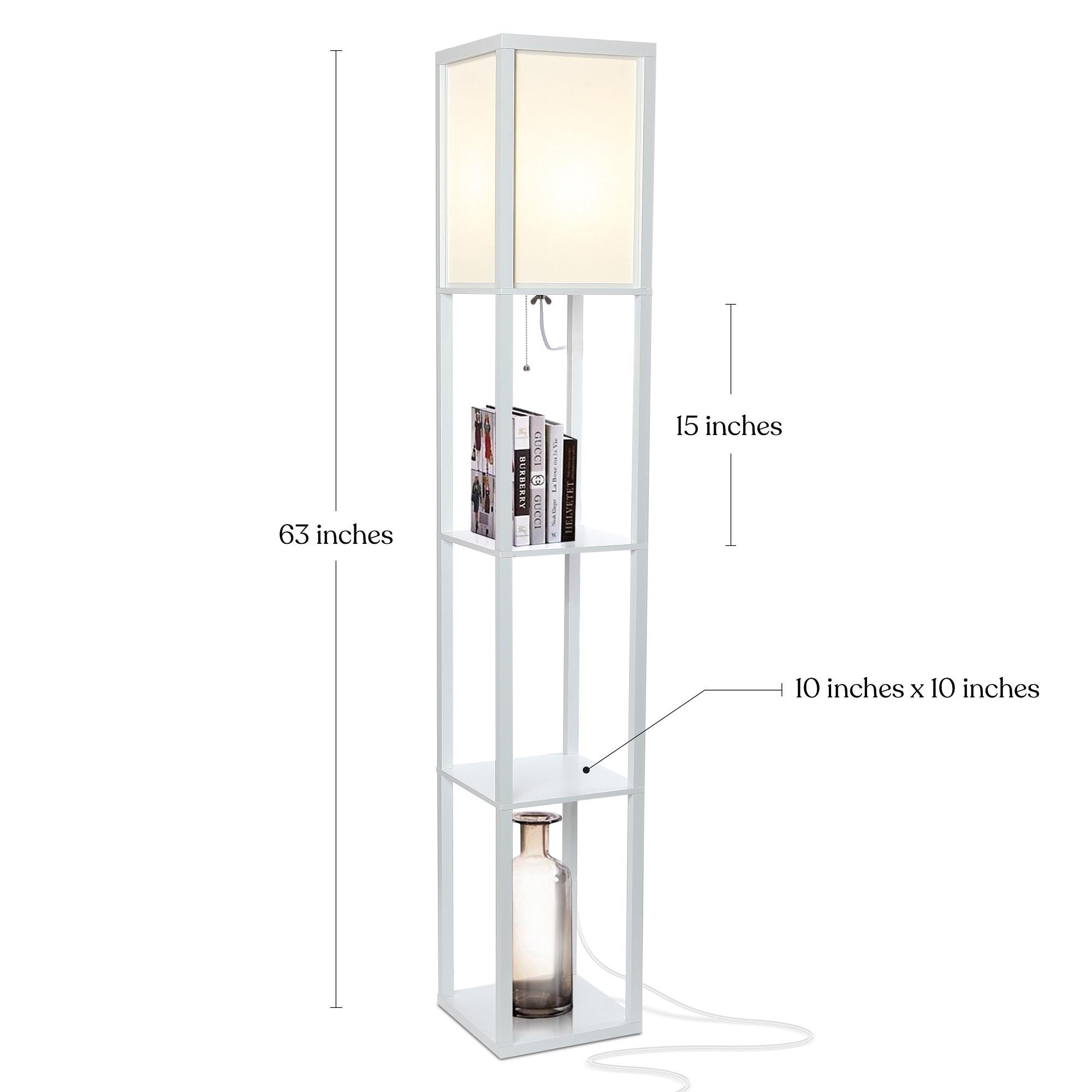 Brightech Maxwell - Modern LED Shelf Floor Lamp - Skinny End Table & Nightstand for Bedroom - Combo Narrow Side Table with Standing Accent Light Attached - Asian Tower Book Shelves - White