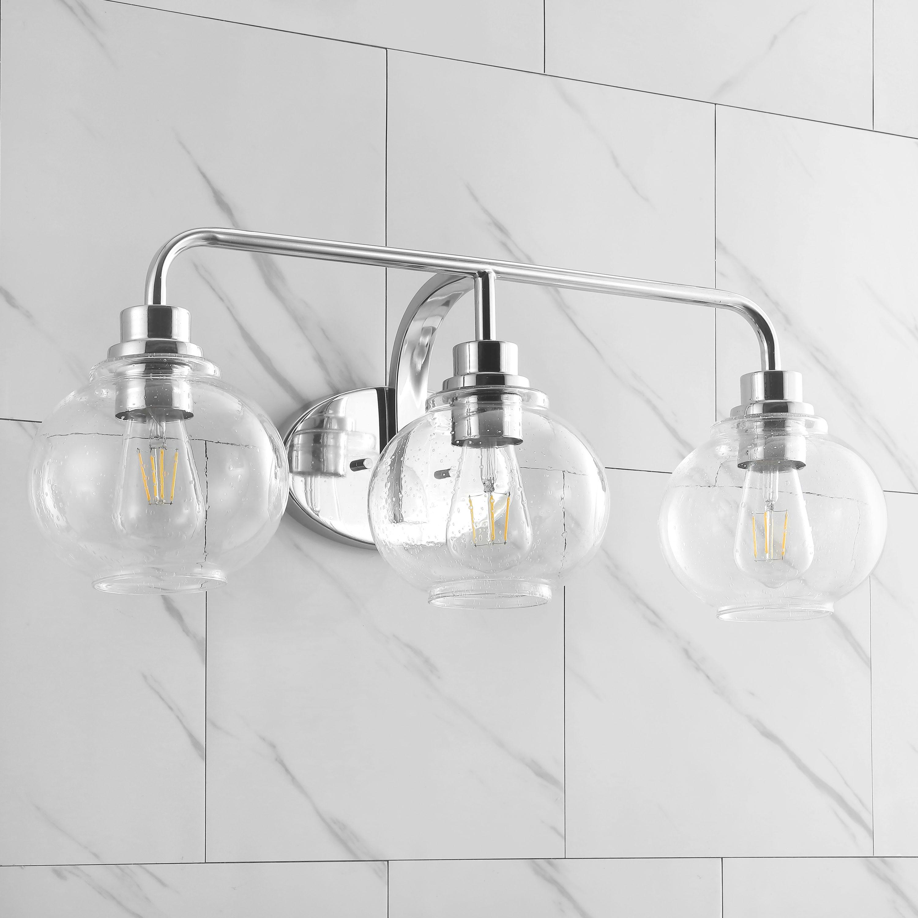 JONATHAN Y JYL7528B Sandrine 26.25" 3-Light Iron/Seeded Glass Cottage Rustic LED Vanity Light Classic 2700K LED 4W Bulbs Entryway Lobby Kitchen Bathroom Bedroom Living Room Hallway, Chrome