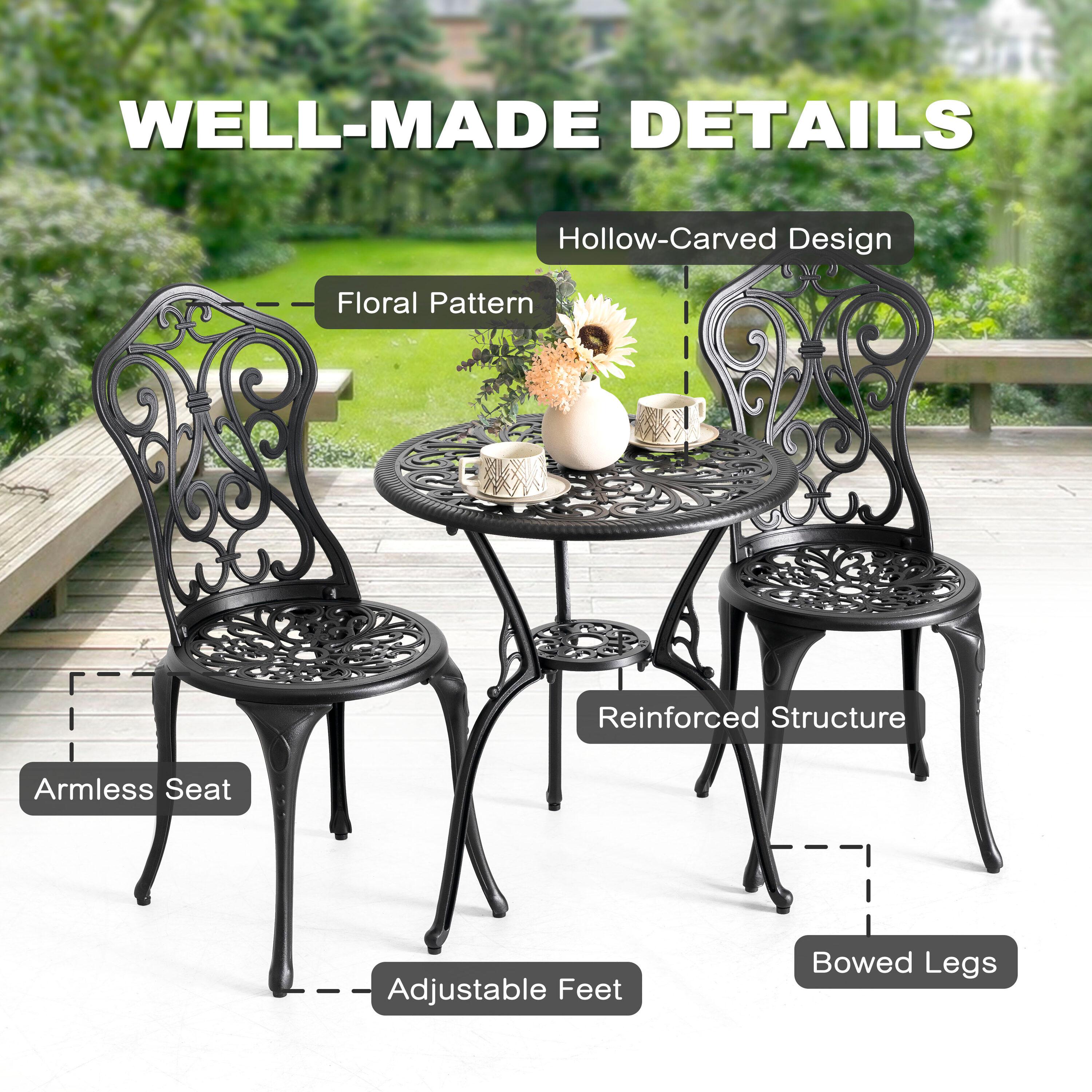 Black Cast Aluminum 3-Piece Outdoor Bistro Set with Floral Design