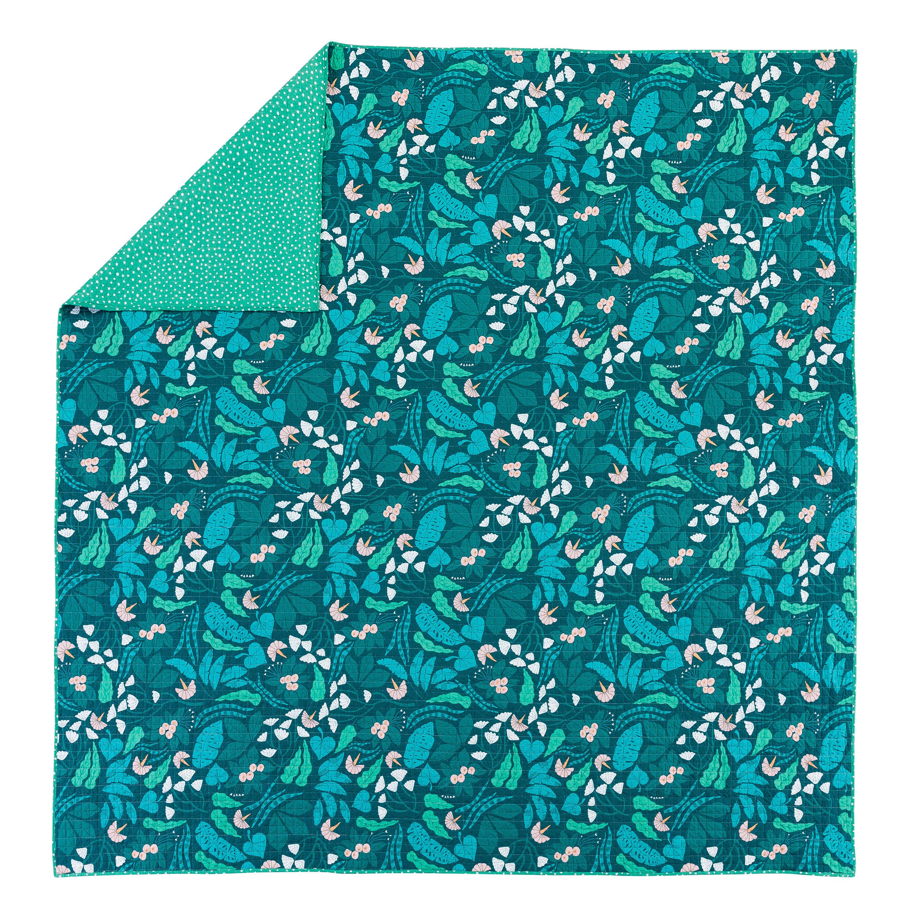 3pc Full/Queen Jungle Floral Quilt Set Green - Elizabeth Olwen for Makers Collective: Cotton Bedding Set with Shams