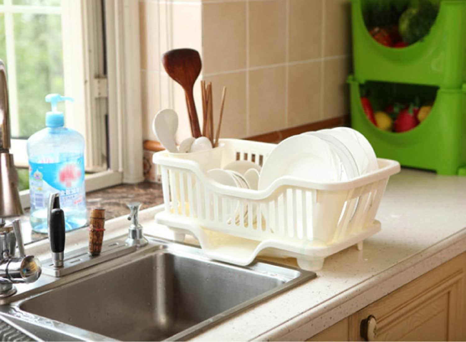 Basicwise Heavy Duty 2-Piece Plastic Dish Drying Rack Set in White - Includes Large Dish Drainer, Attached Drainboard, and Utensil Cup Holders for Home Kitchen Countertop Organization