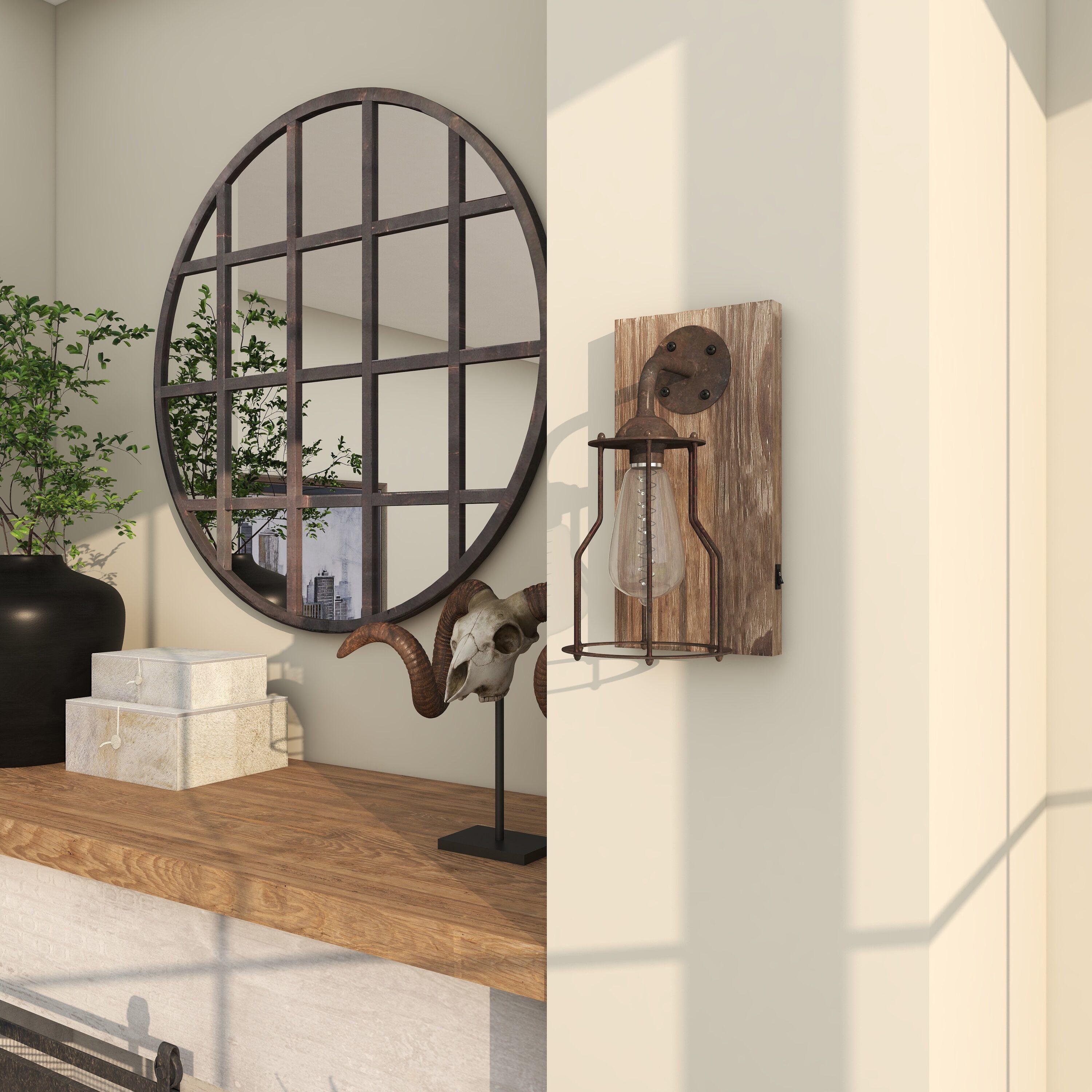 DecMode Industrial Metal Wall Sconce with Wood Backplate and Iron Cage, 6"W x 11"H Features Rustic Brown Finish